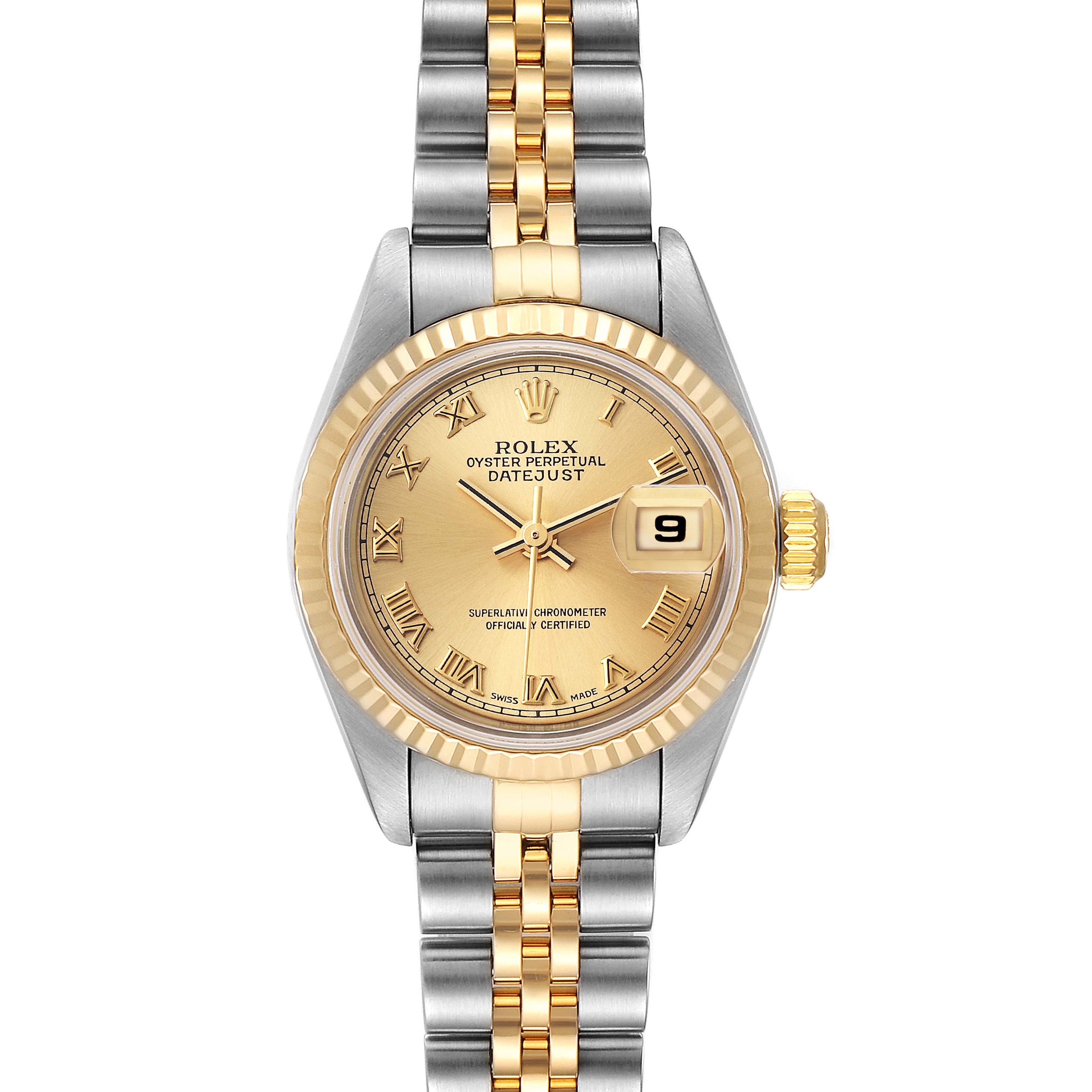 The image shows a front view of a Rolex Datejust 79173 Women's Steel and Gold (two tone) Champagne Dial 79173 Women's Steel and Gold (two tone) Champagne Dial watch, featuring a gold and silver Jubilee bracelet, gold dial, and date window.