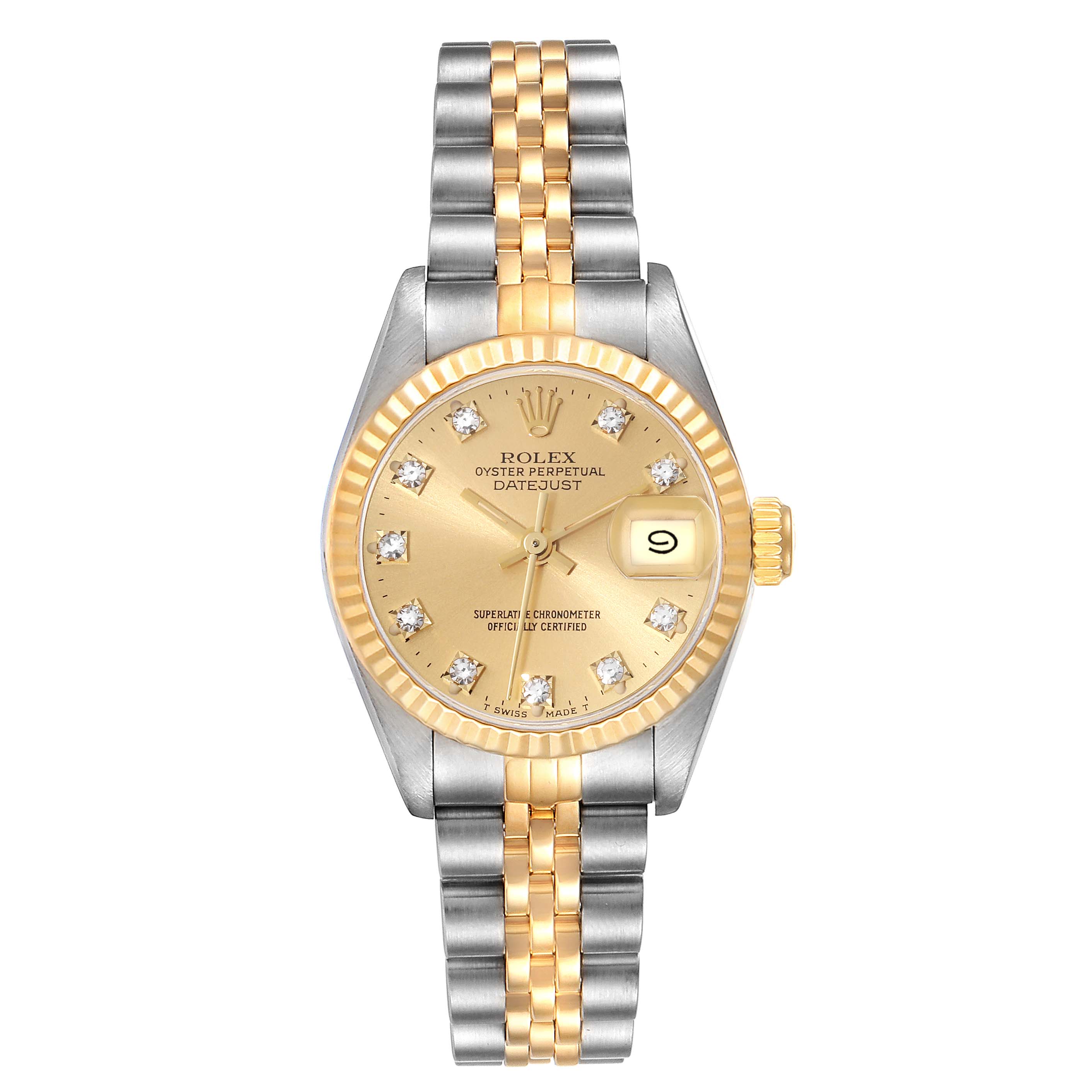 The image shows a front view of a Rolex Datejust 69173 Women's Steel and Gold (two tone) Champagne Dial 69173 Women's Steel and Gold (two tone) Champagne Dial watch, displaying the dial, bezel, crown, and two-tone bracelet.