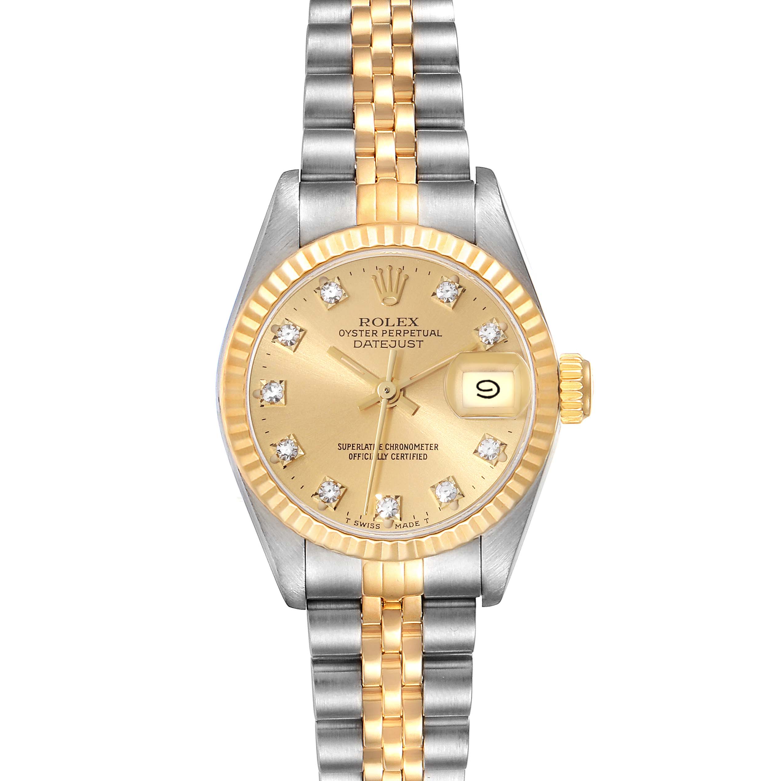 The image shows a Rolex Datejust 69173 Women's Steel and Gold (two tone) Champagne Dial 69173 Women's Steel and Gold (two tone) Champagne Dial watch from a top-down angle, displaying its gold and silver bracelet and the champagne dial with date magnifier.