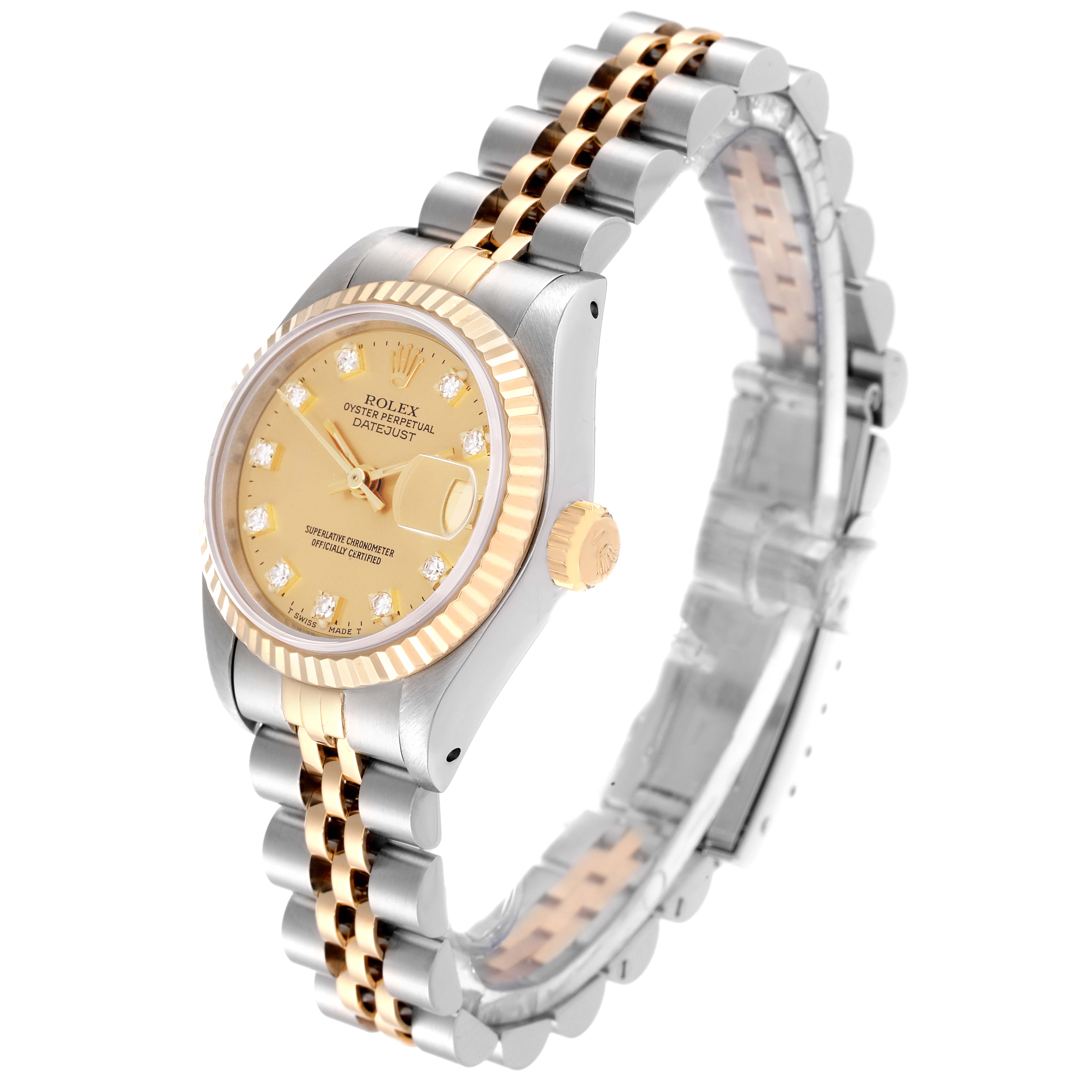 The Rolex Datejust 69173 Women's Steel and Gold (two tone) Champagne Dial 69173 Women's Steel and Gold (two tone) Champagne Dial watch is shown at a three-quarter angle, displaying the dial, case, crown, and bracelet.