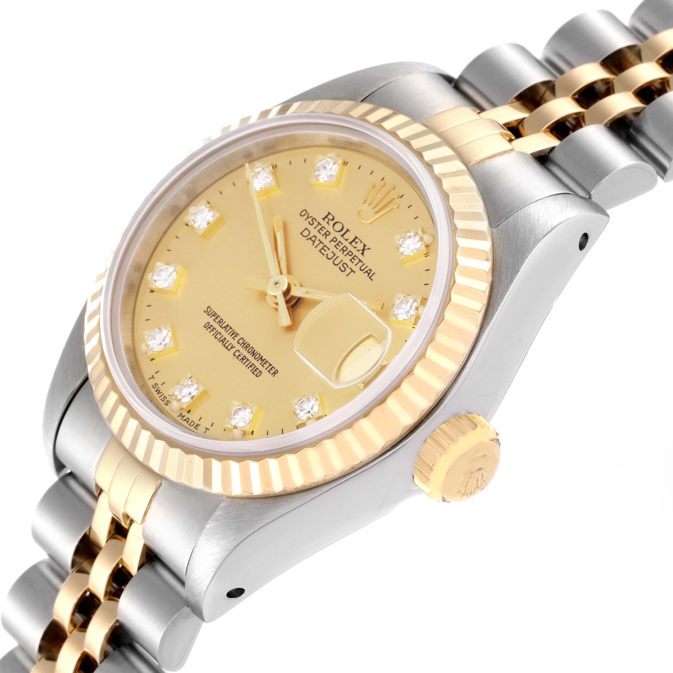 This close-up angle shows the dial, bezel, crown, and part of the bracelet of the Rolex Datejust 69173 Women's Steel and Gold (two tone) Champagne Dial 69173 Women's Steel and Gold (two tone) Champagne Dial watch.
