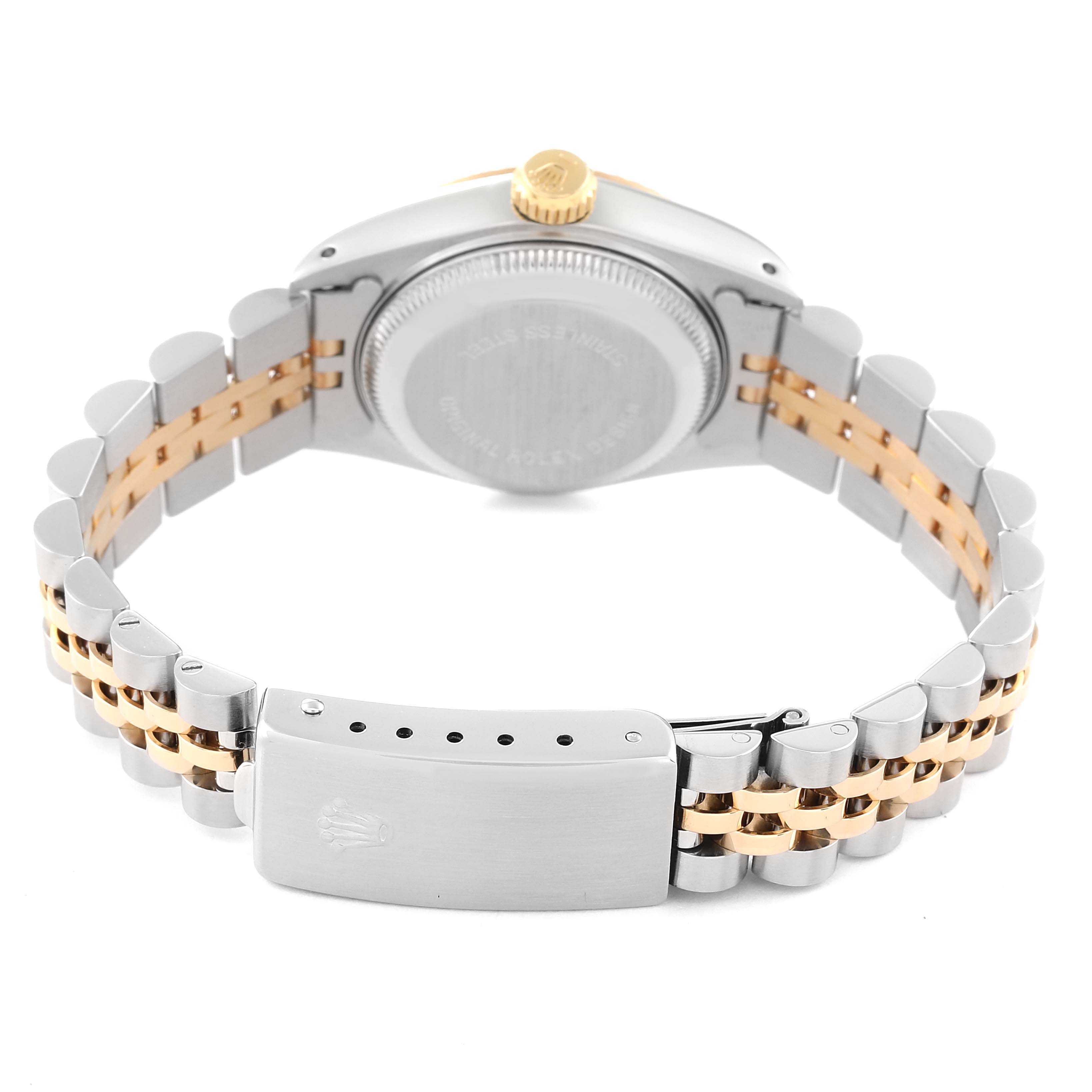 This image shows the back view of the Rolex Datejust 69173 Women's Steel and Gold (two tone) Champagne Dial 69173 Women's Steel and Gold (two tone) Champagne Dial watch, highlighting the clasp, bracelet, and case back.