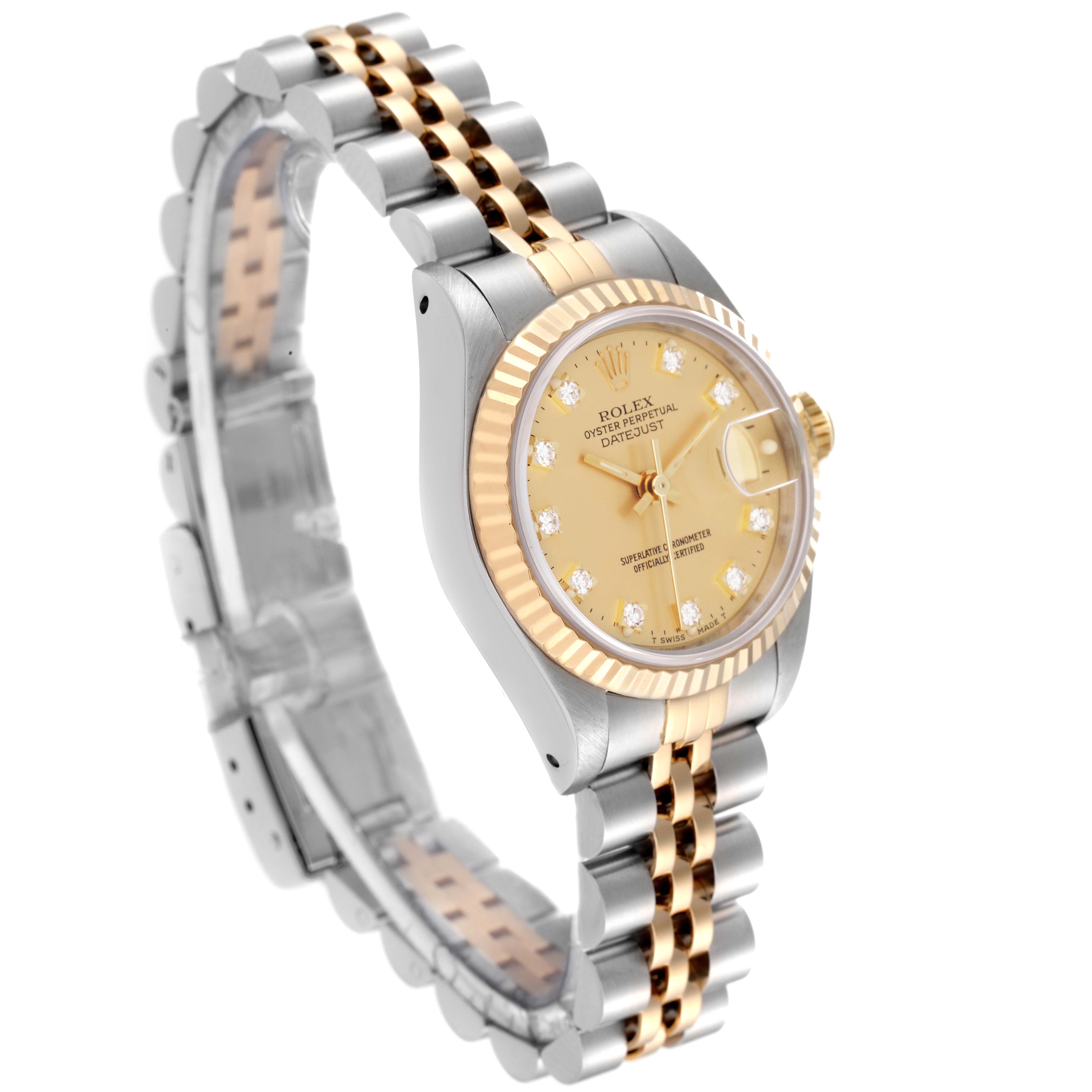 The Rolex Datejust 69173 Women's Steel and Gold (two tone) Champagne Dial 69173 Women's Steel and Gold (two tone) Champagne Dial watch is shown at a three-quarter angle, displaying its two-tone bracelet, fluted bezel, and diamond hour markers.