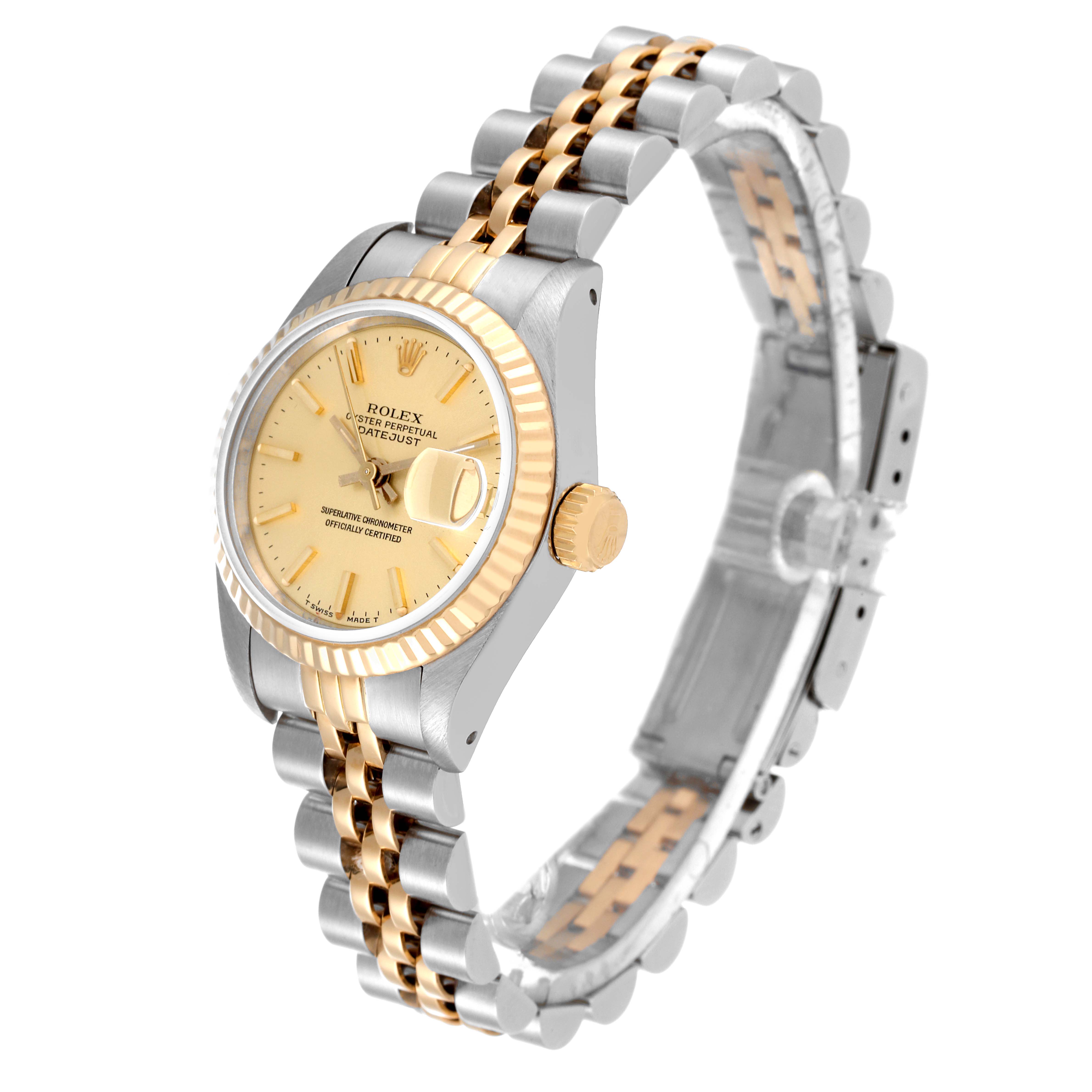 The Rolex Datejust 69173 Women's Steel and Gold (two tone) Champagne Dial 69173 Women's Steel and Gold (two tone) Champagne Dial watch is shown from a front angle, highlighting its face, bezel, crown, and two-tone bracelet.