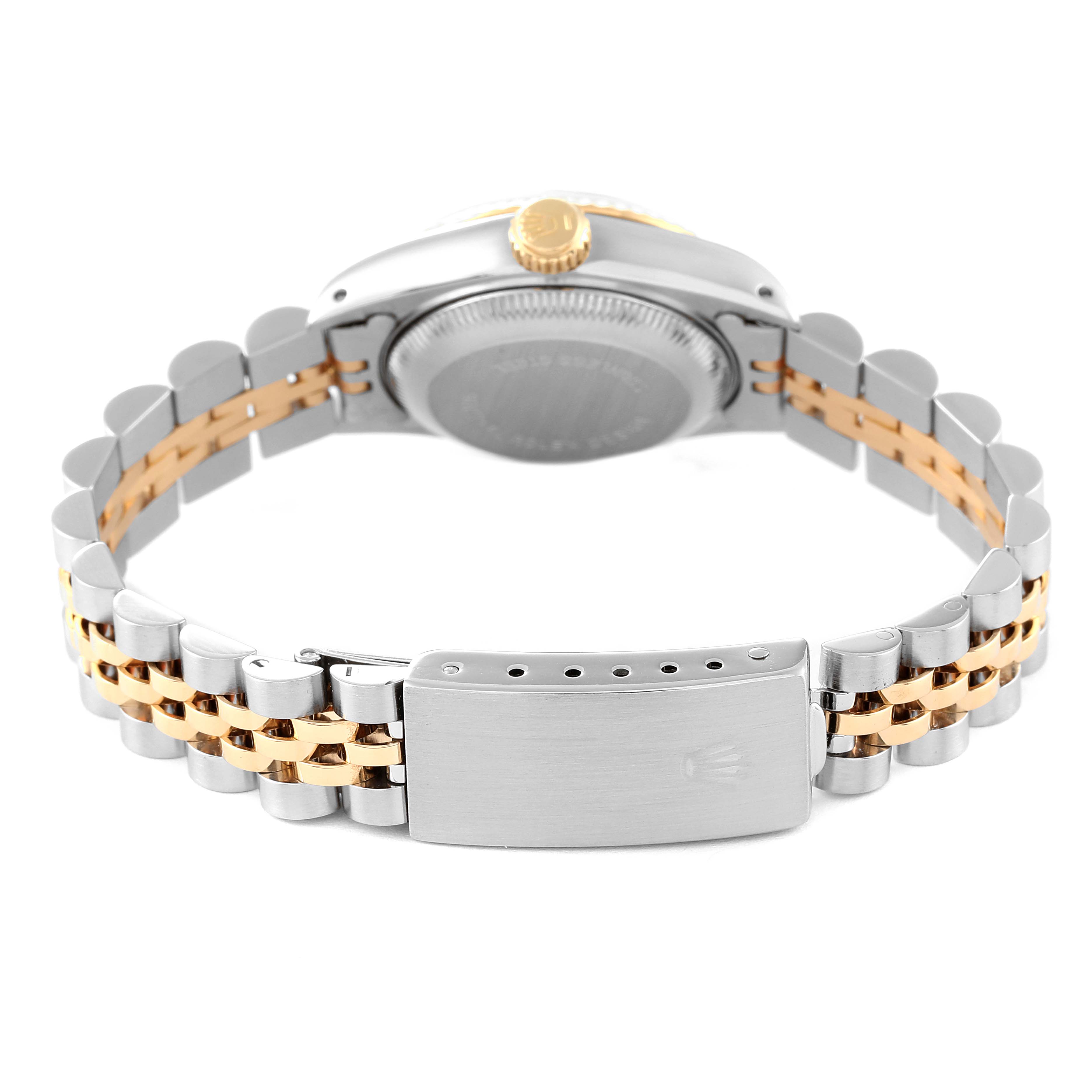 This image shows the back of the Rolex Datejust 69173 Women's Steel and Gold (two tone) Champagne Dial 69173 Women's Steel and Gold (two tone) Champagne Dial watch and its Jubilee bracelet, highlighting the clasp and crown.