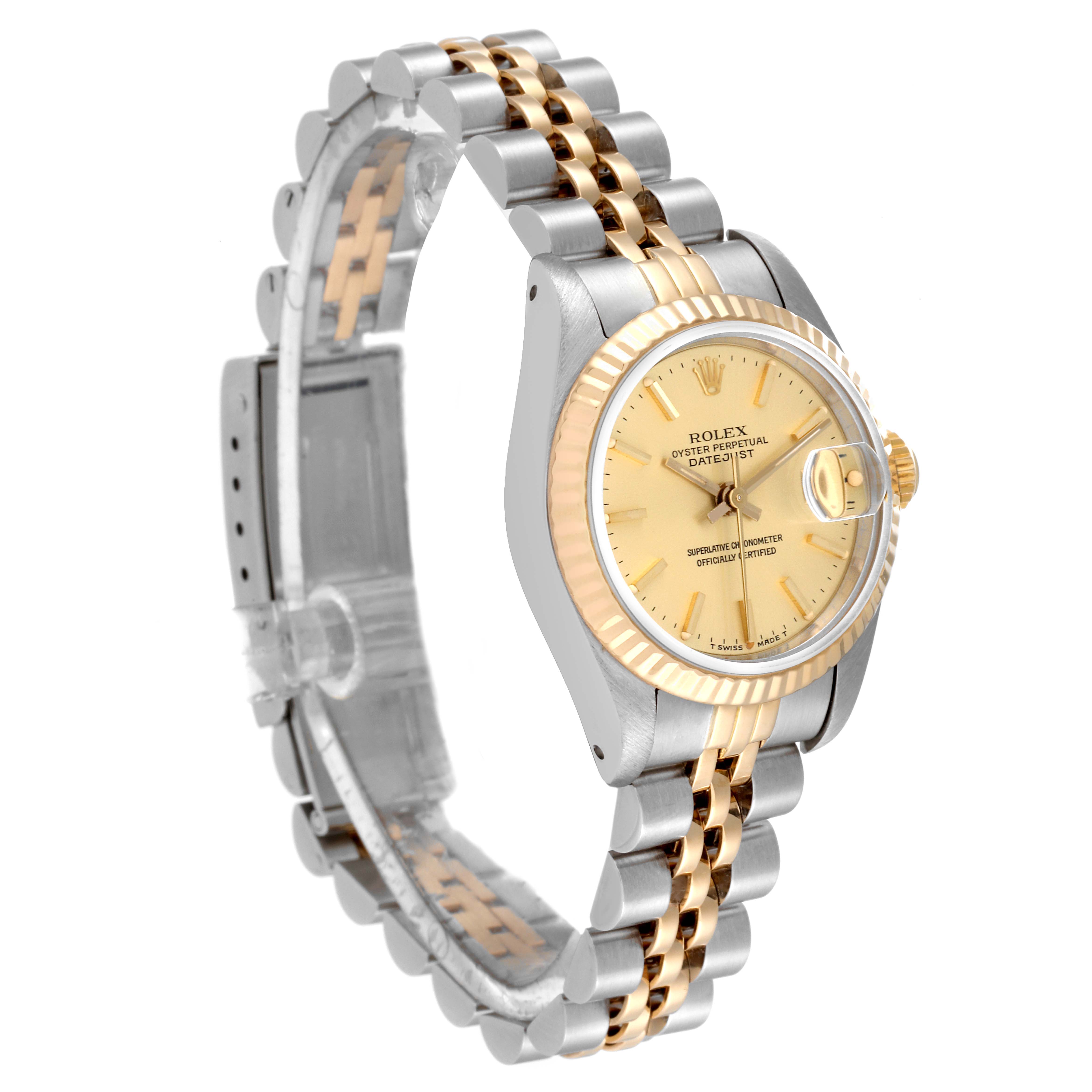 The image shows a Rolex Datejust 69173 Women's Steel and Gold (two tone) Champagne Dial 69173 Women's Steel and Gold (two tone) Champagne Dial watch at a slight angle, displaying its face, bezel, crown, and bracelet.