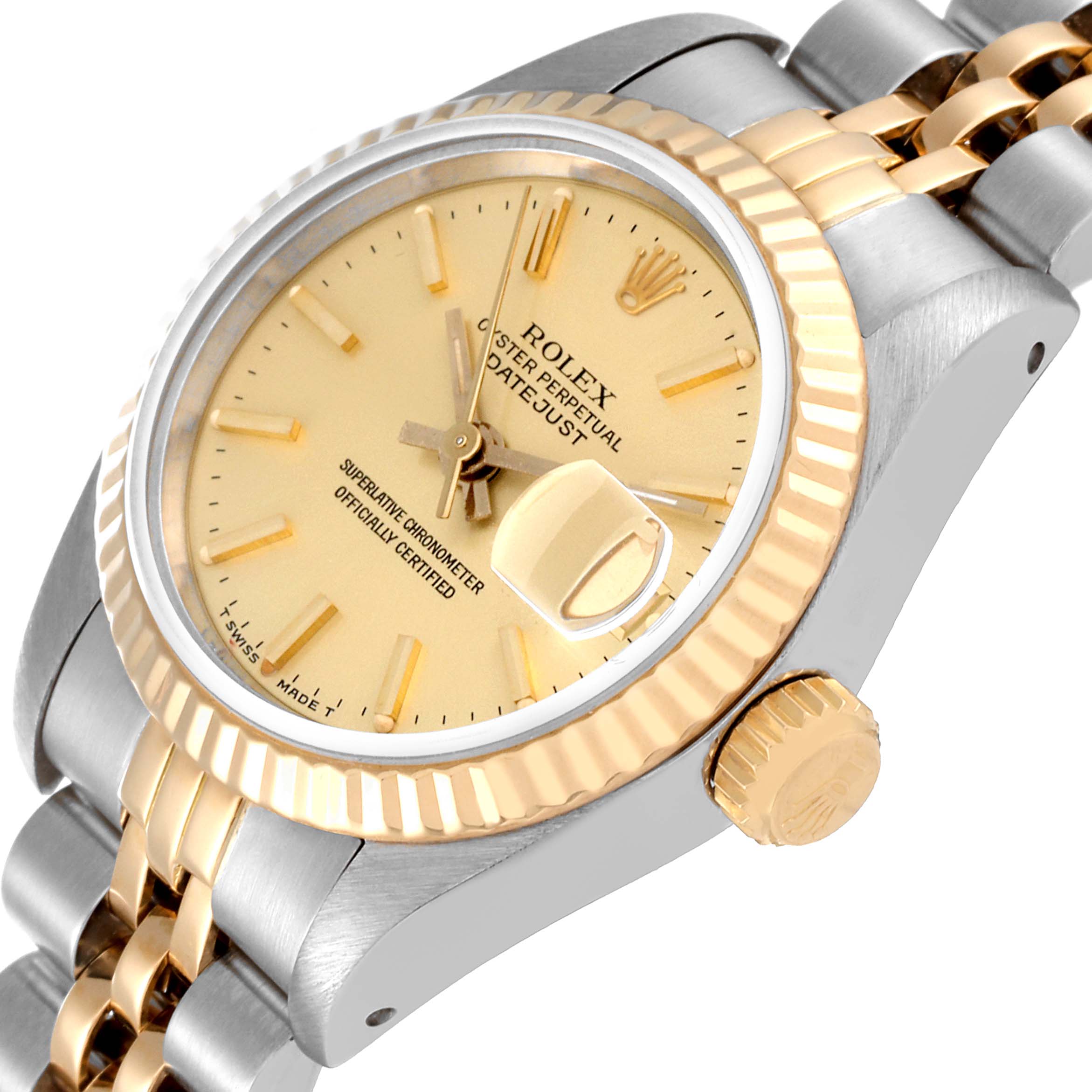 The image shows a Rolex Datejust 69173 Women's Steel and Gold (two tone) Champagne Dial 69173 Women's Steel and Gold (two tone) Champagne Dial watch at an angle highlighting its dial, fluted bezel, and crown.