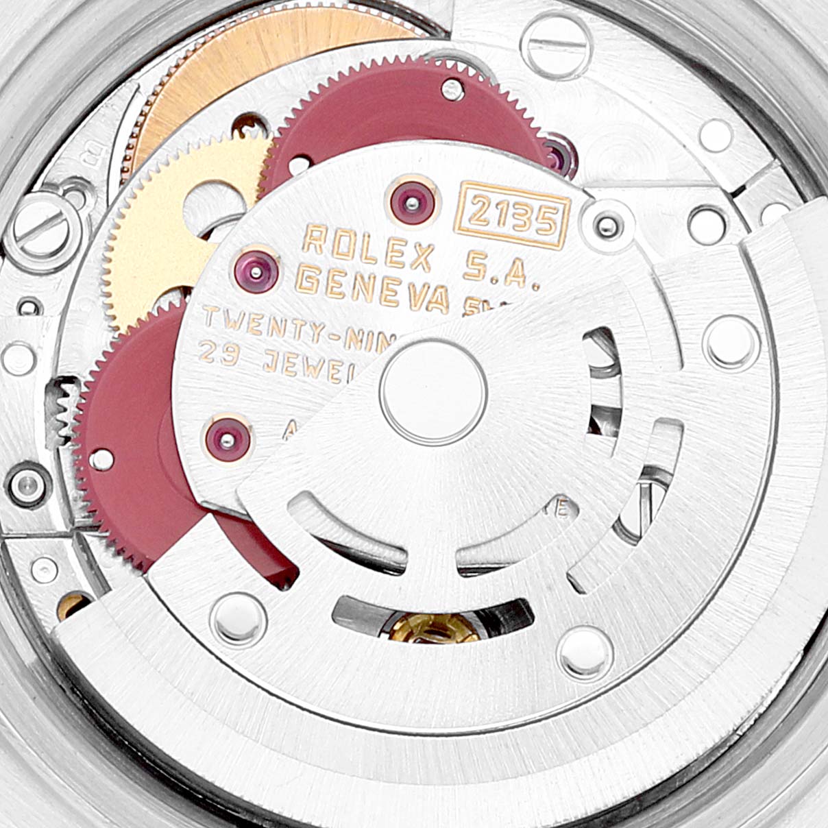 The image shows a close-up view of the movement inside a Rolex Datejust 69173 Women's Steel and Gold (two tone) Champagne Dial 69173 Women's Steel and Gold (two tone) Champagne Dial watch, highlighting gears and internal components.