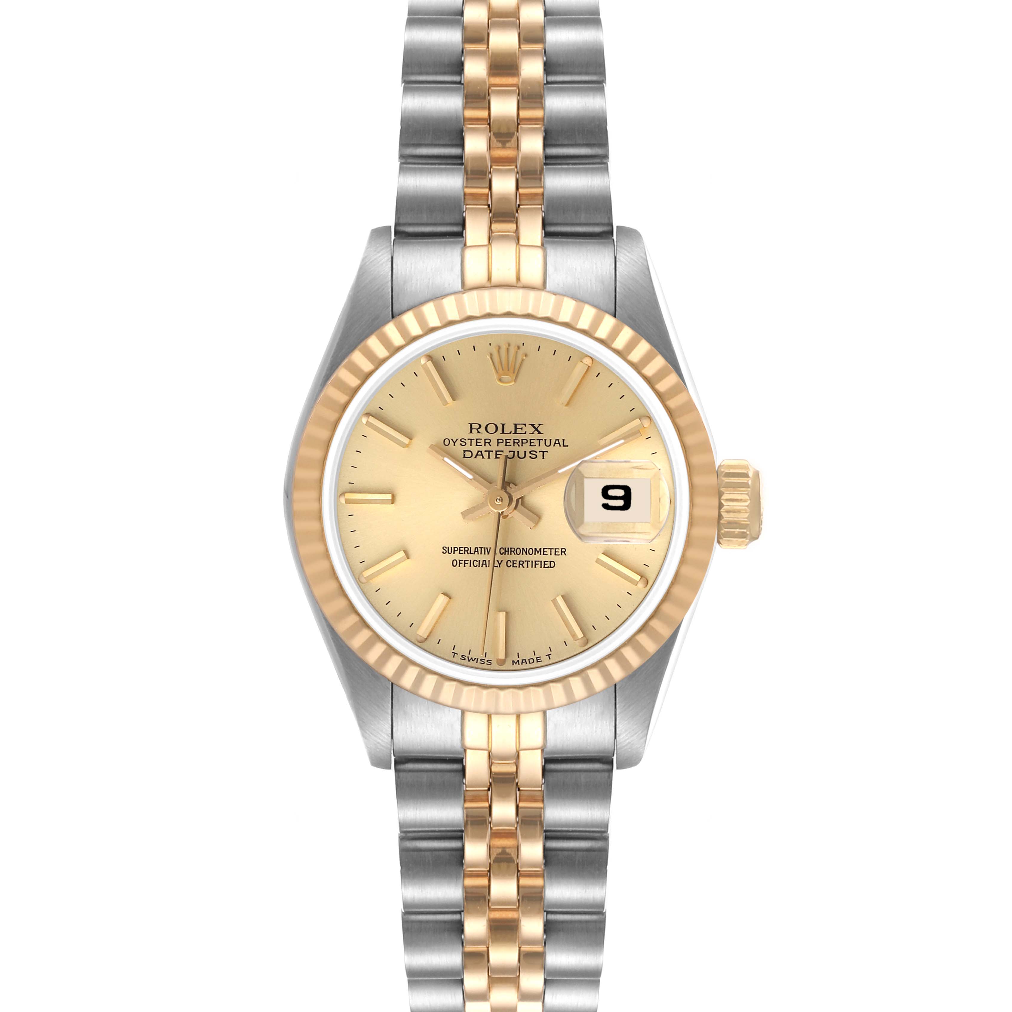 This image shows the Rolex Datejust 69173 Women's Steel and Gold (two tone) Champagne Dial 69173 Women's Steel and Gold (two tone) Champagne Dial watch from a top-down angle, highlighting its face, bezel, and two-tone bracelet.
