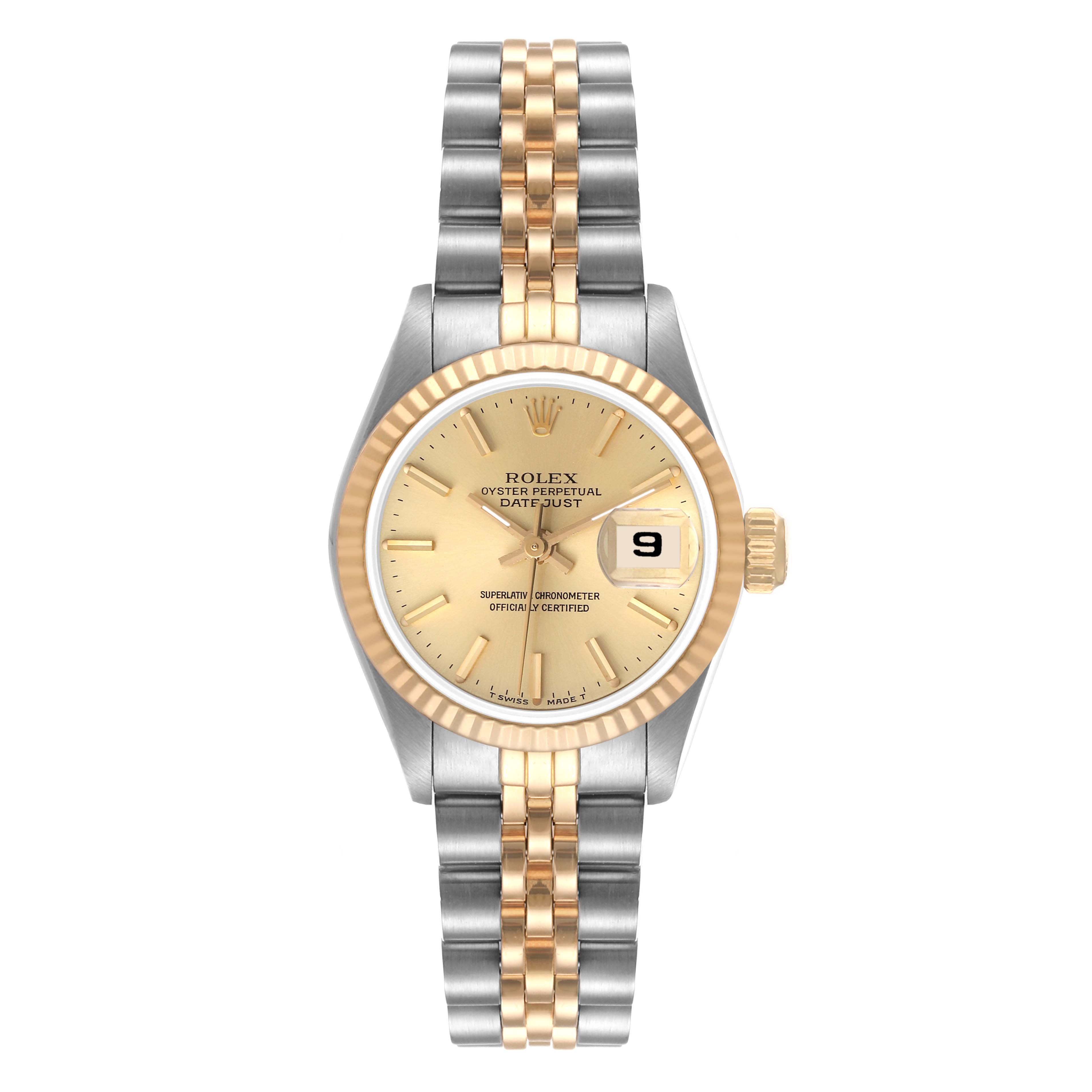 The Rolex Datejust 69173 Women's Steel and Gold (two tone) Champagne Dial 69173 Women's Steel and Gold (two tone) Champagne Dial watch is shown from the front, displaying its gold dial, fluted bezel, and two-tone Jubilee bracelet.