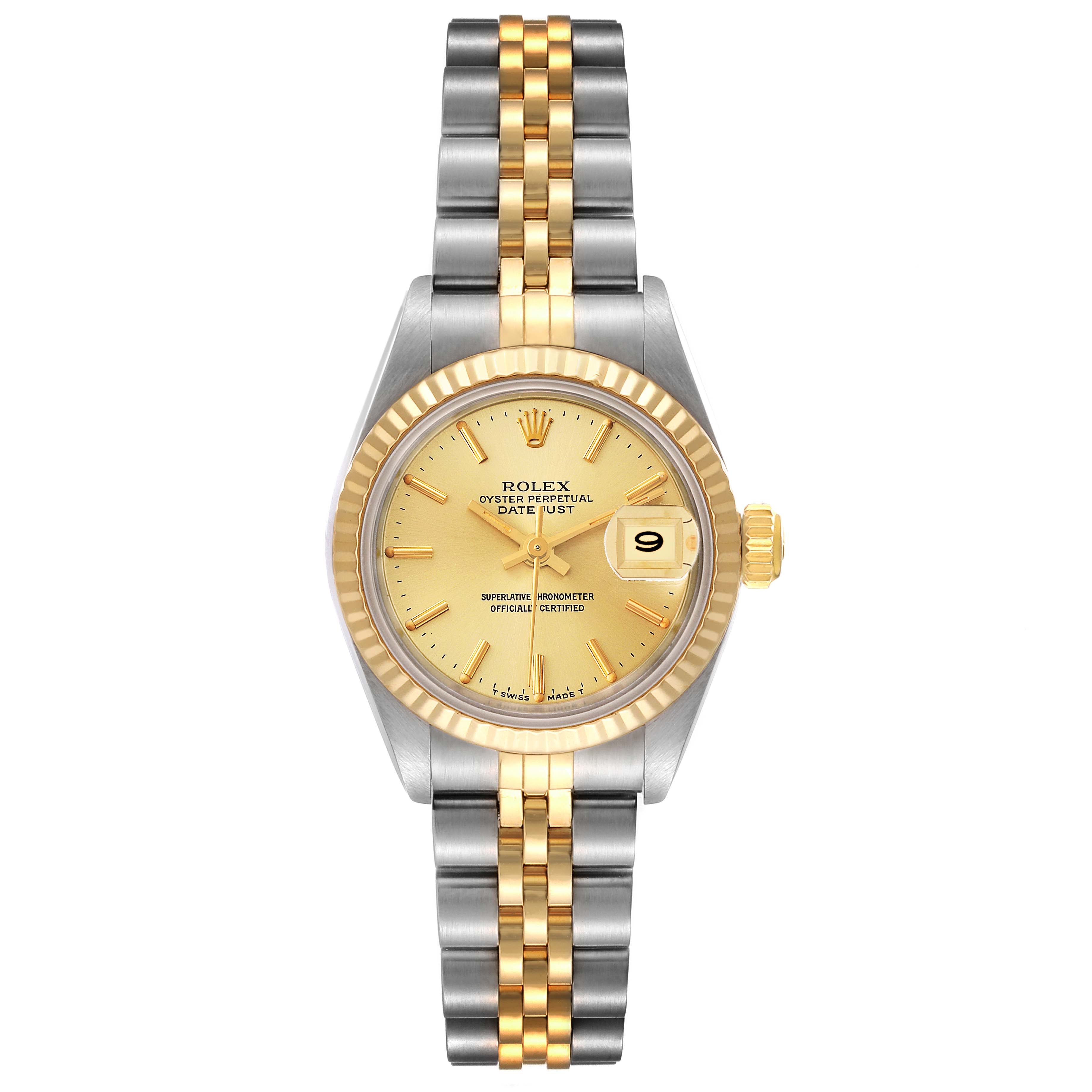 This image shows a front view of the Rolex Datejust 69173 Women's Steel and Gold (two tone) Champagne Dial 69173 Women's Steel and Gold (two tone) Champagne Dial watch, highlighting the dial, bezel, and bracelet.