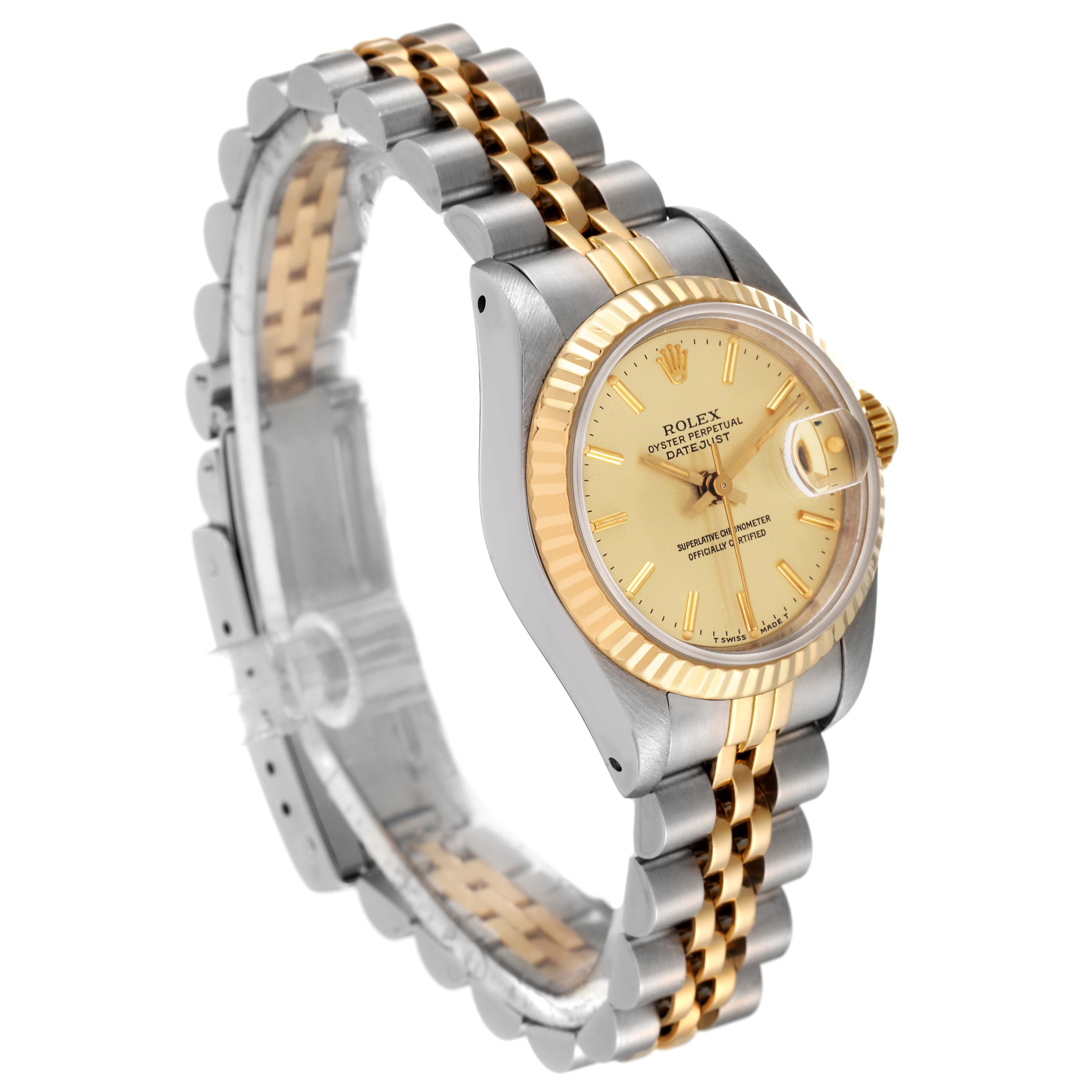 The image shows a Rolex Datejust 69173 Women's Steel and Gold (two tone) Champagne Dial 69173 Women's Steel and Gold (two tone) Champagne Dial watch at a slight angle, highlighting its two-tone band, gold bezel, and dial.