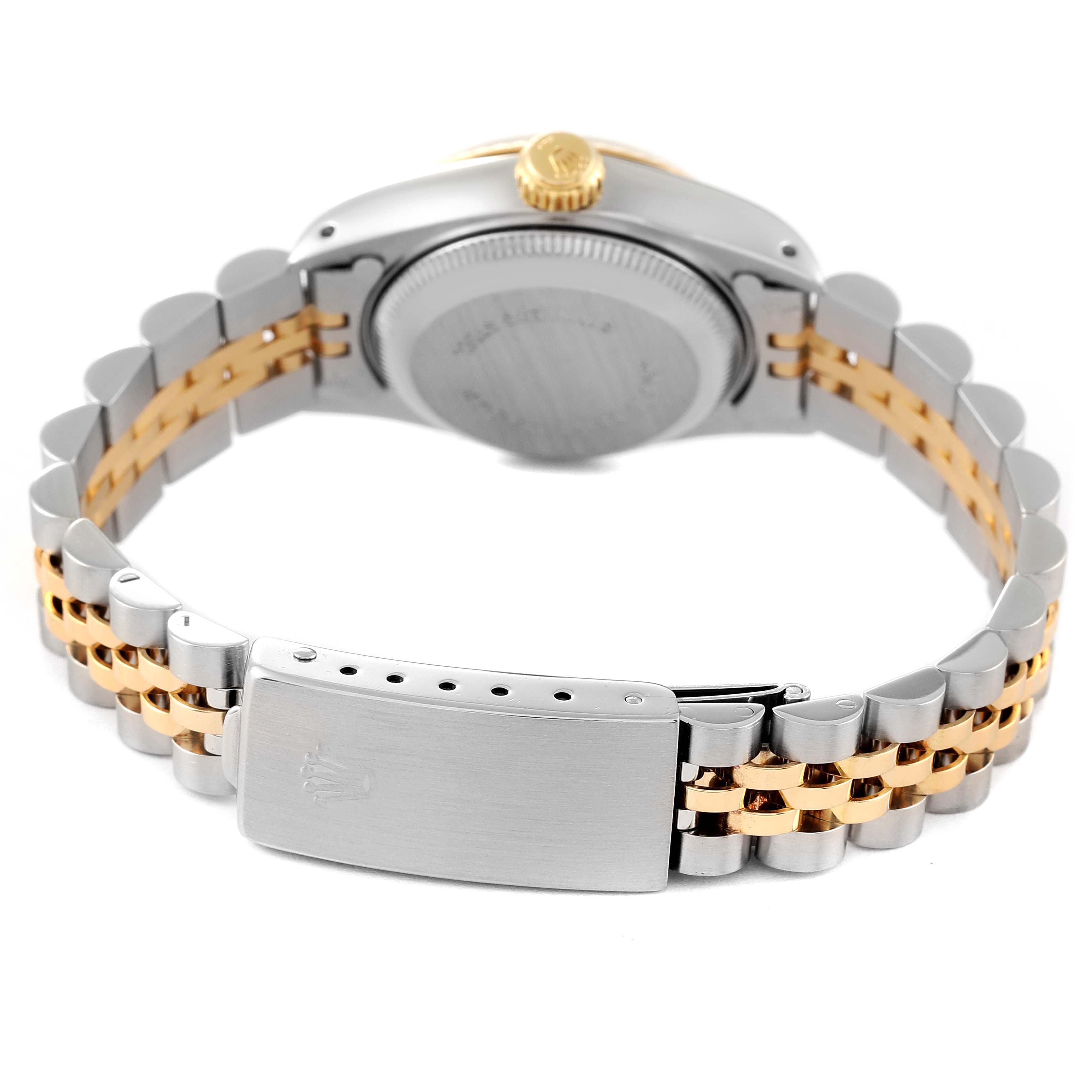 This image shows the back of a Rolex Datejust 69173 Women's Steel and Gold (two tone) Champagne Dial 69173 Women's Steel and Gold (two tone) Champagne Dial watch, highlighting its bracelet and clasp.