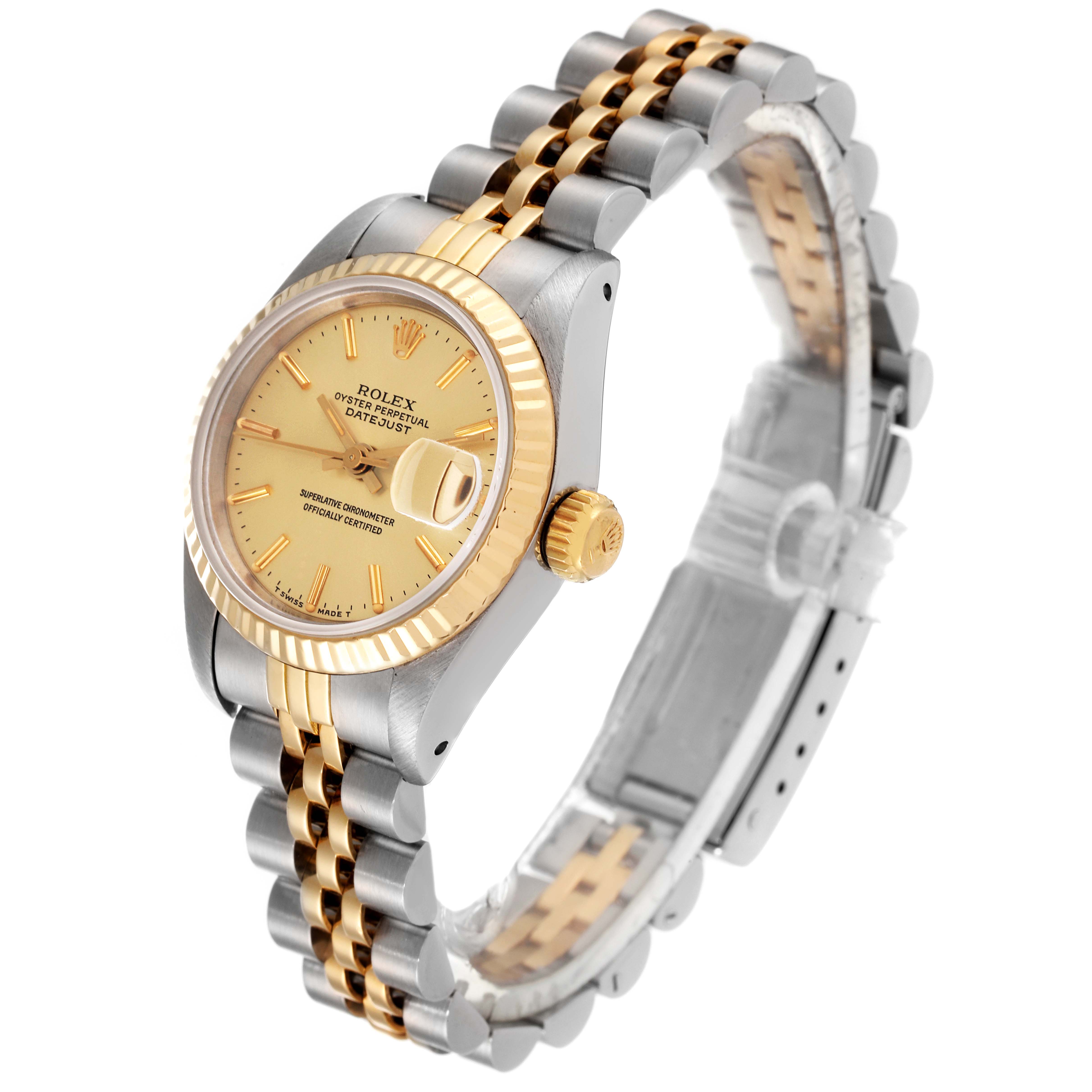 This image shows a Rolex Datejust 69173 Women's Steel and Gold (two tone) Champagne Dial 69173 Women's Steel and Gold (two tone) Champagne Dial watch at an angle displaying the dial, bezel, crown, and two-tone bracelet.