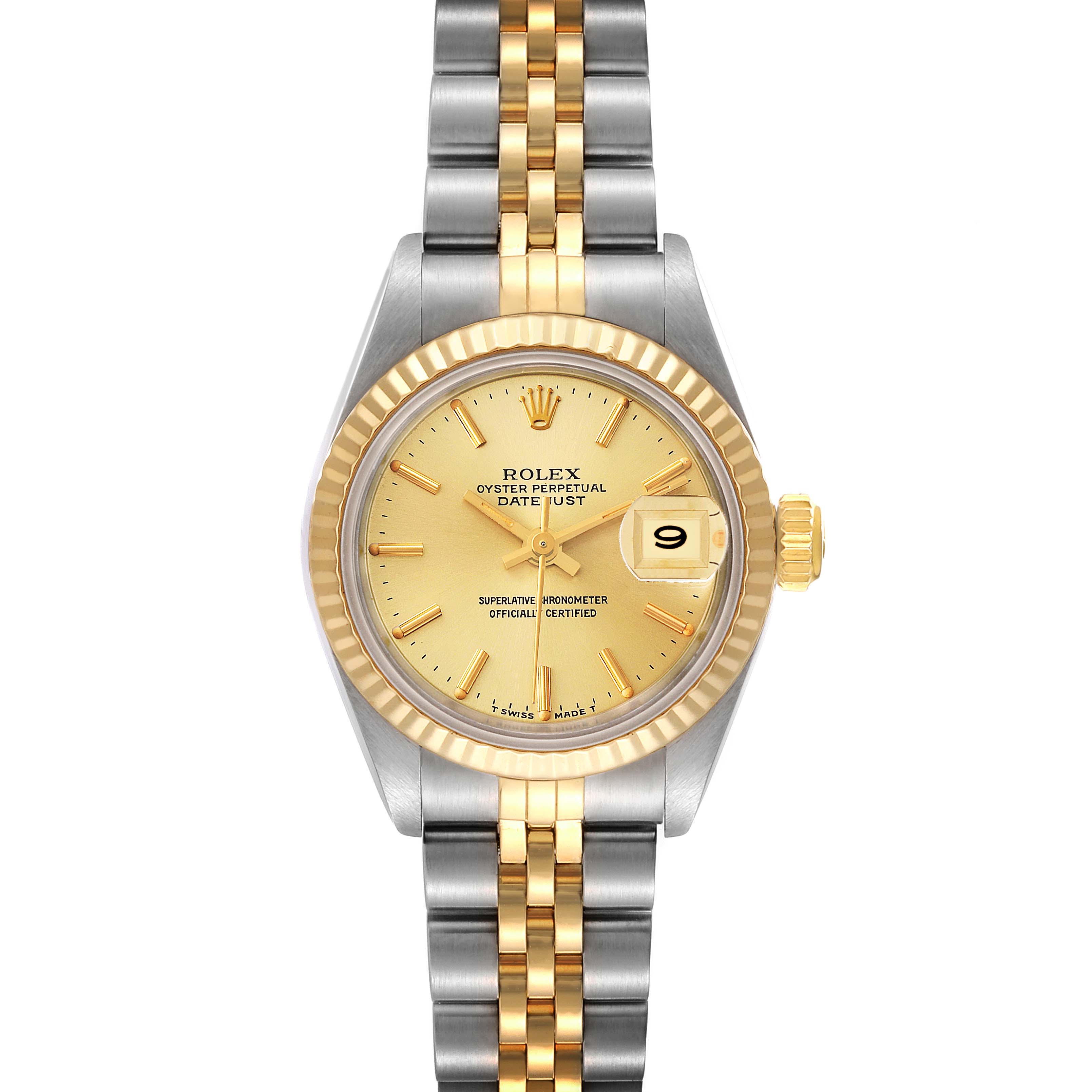 The image shows a frontal view of a Rolex Datejust 69173 Women's Steel and Gold (two tone) Champagne Dial 69173 Women's Steel and Gold (two tone) Champagne Dial watch, displaying the dial, bezel, crown, and bracelet.