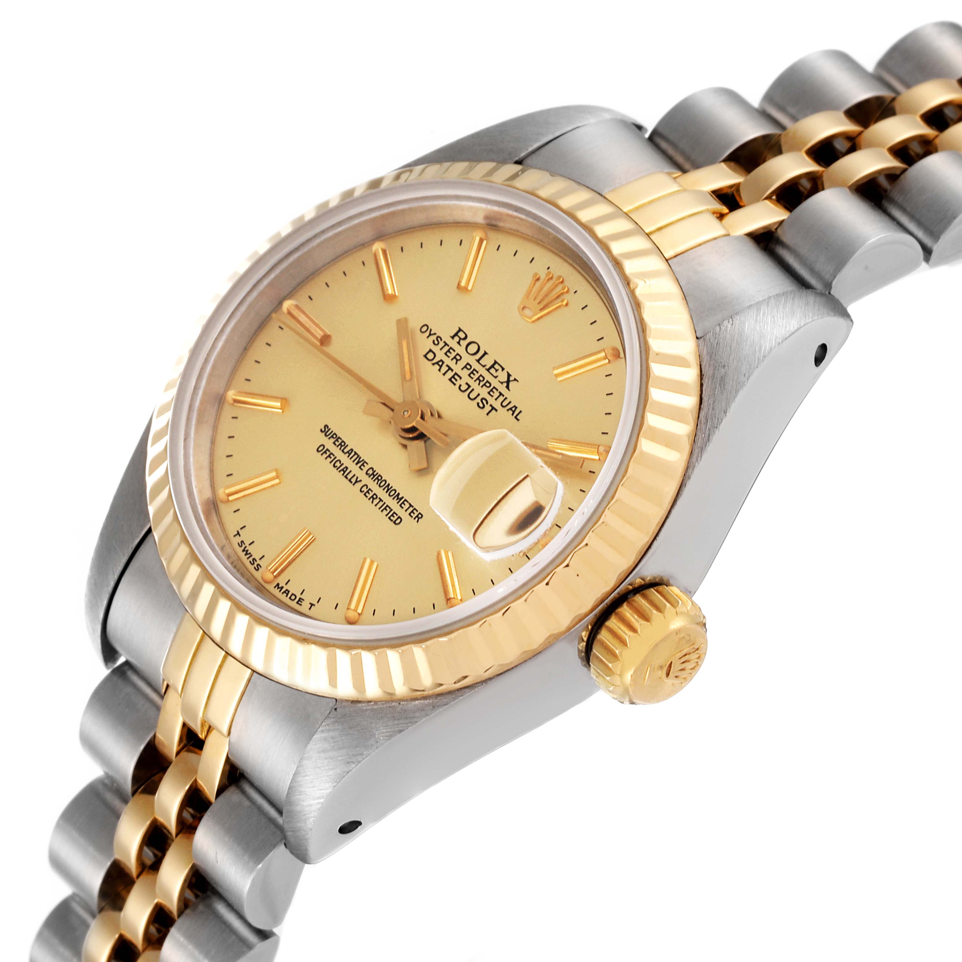This image shows a side angle of the Rolex Datejust 69173 Women's Steel and Gold (two tone) Champagne Dial 69173 Women's Steel and Gold (two tone) Champagne Dial watch showcasing the bezel, dial, crown, and part of the bracelet.