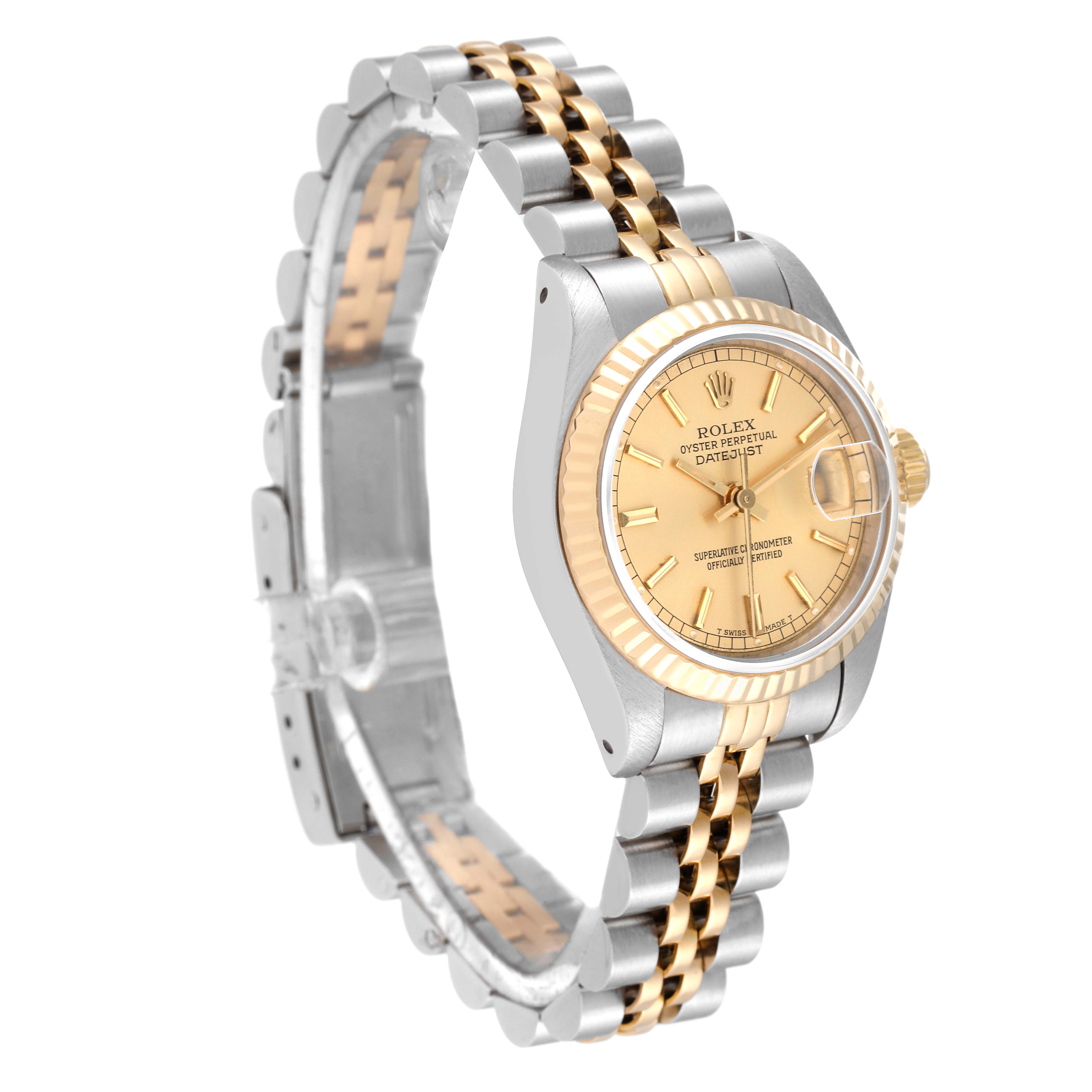 This Rolex Datejust 69173 Women's Steel and Gold (two tone) Champagne Dial 69173 Women's Steel and Gold (two tone) Champagne Dial watch is shown from a side angle, displaying its silver and gold jubilee bracelet, case, and champagne dial.