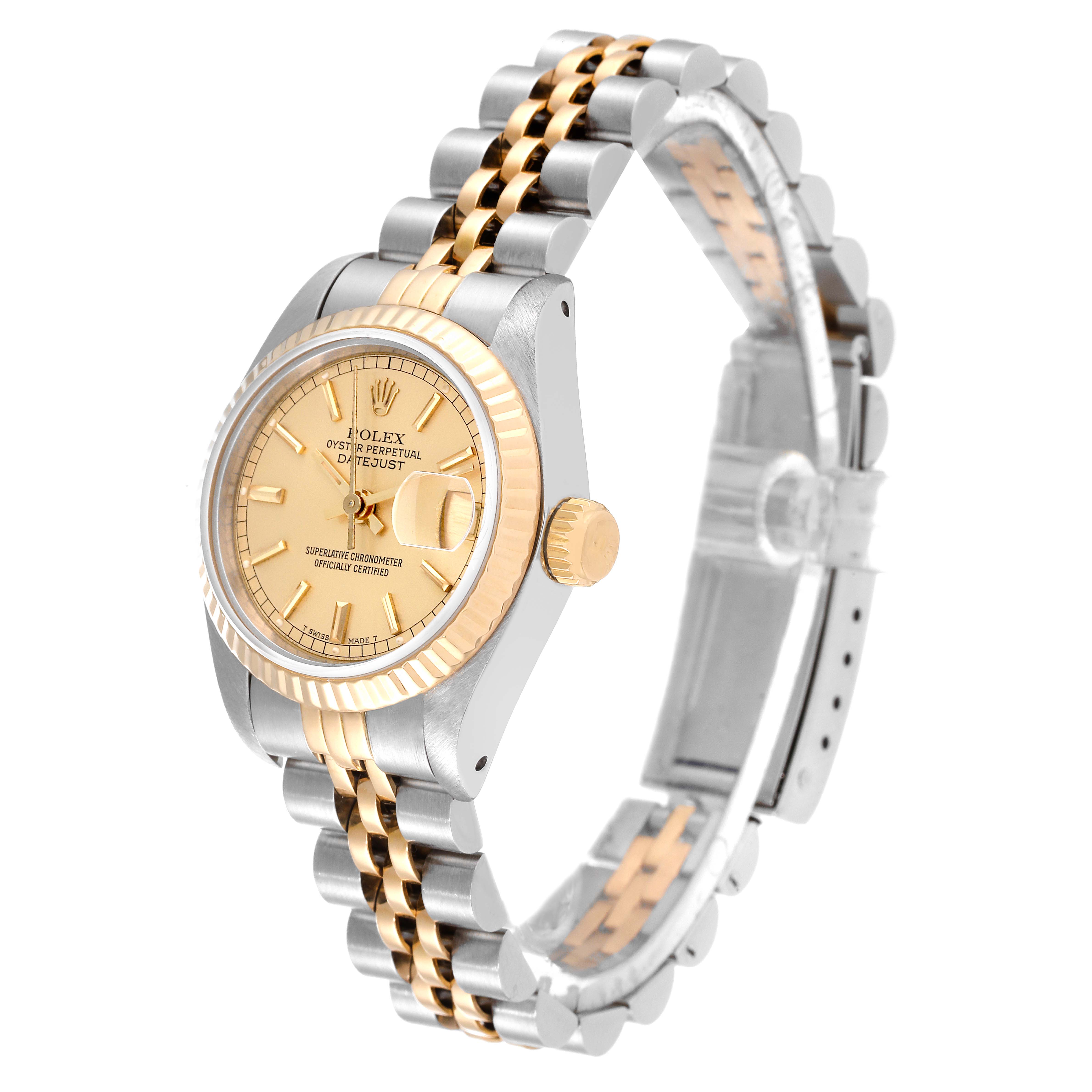 The image shows a side view of the Rolex Datejust 69173 Women's Steel and Gold (two tone) Champagne Dial 69173 Women's Steel and Gold (two tone) Champagne Dial watch, highlighting the two-tone bracelet, fluted bezel, and dial with date display.