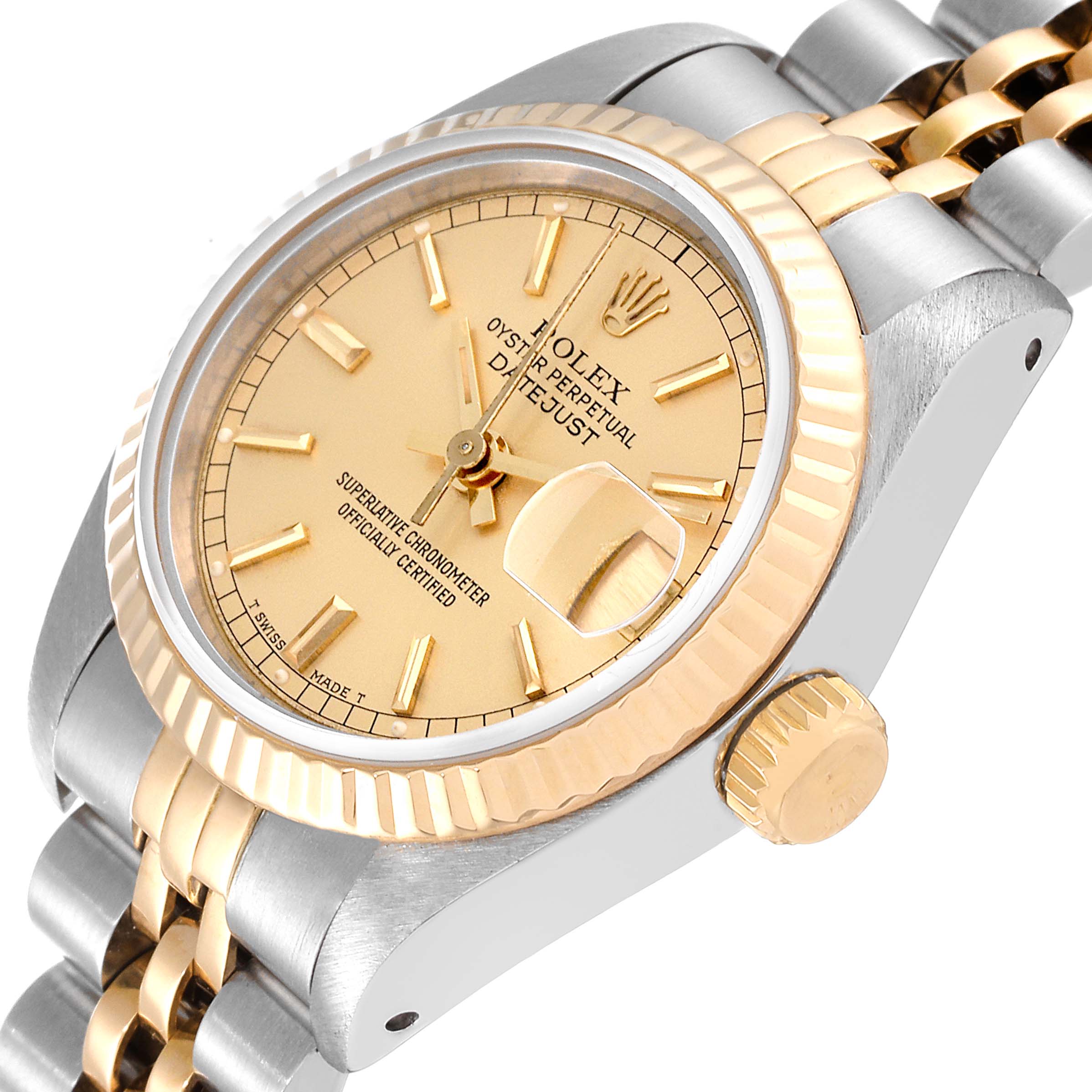 The Rolex Datejust 69173 Women's Steel and Gold (two tone) Champagne Dial 69173 Women's Steel and Gold (two tone) Champagne Dial watch is shown at an angle focusing on the face, crown, and part of the bracelet.