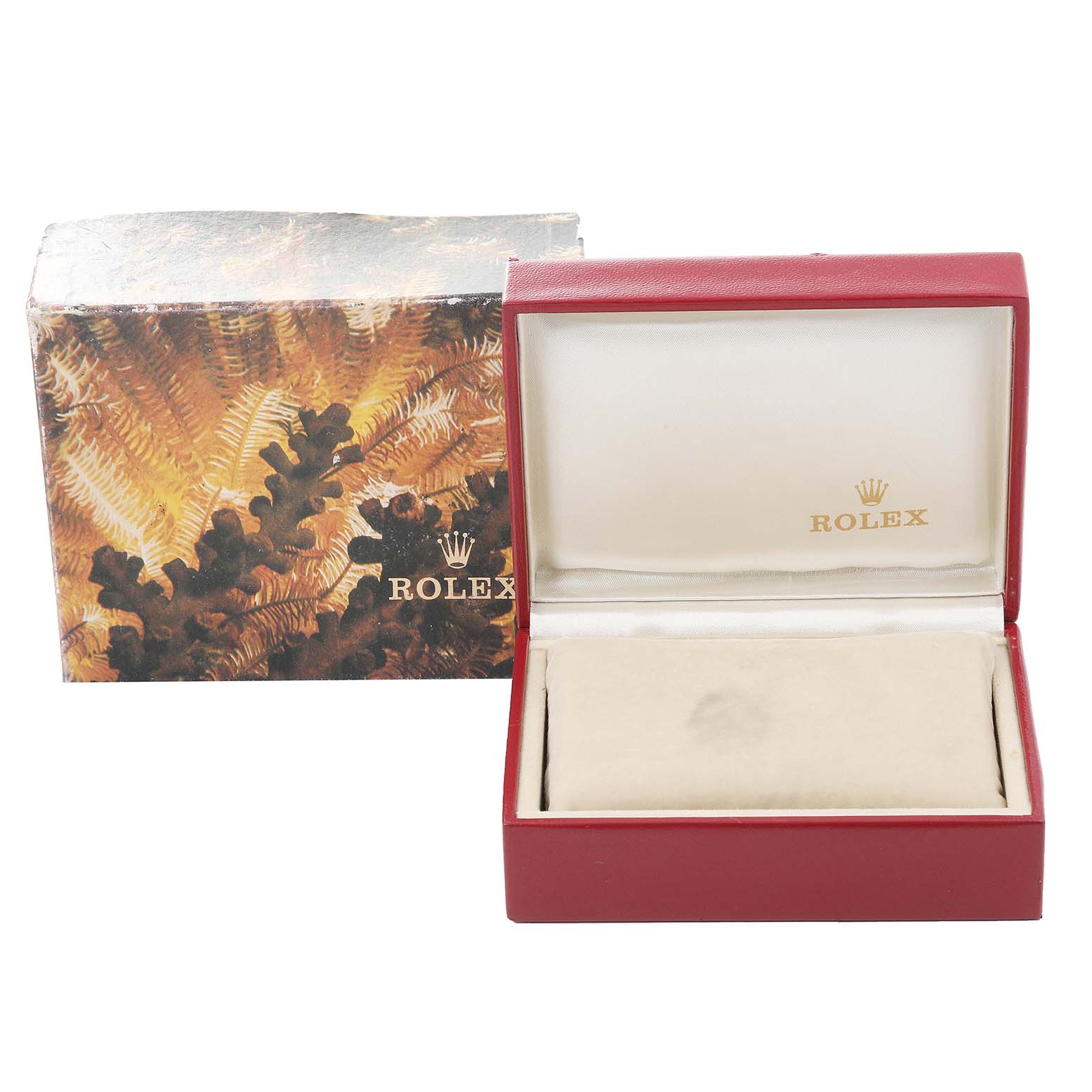 The image shows the packaging and red display box for a Rolex Datejust 69173 Women's Steel and Gold (two tone) Champagne Dial 69173 Women's Steel and Gold (two tone) Champagne Dial watch, with the box open.