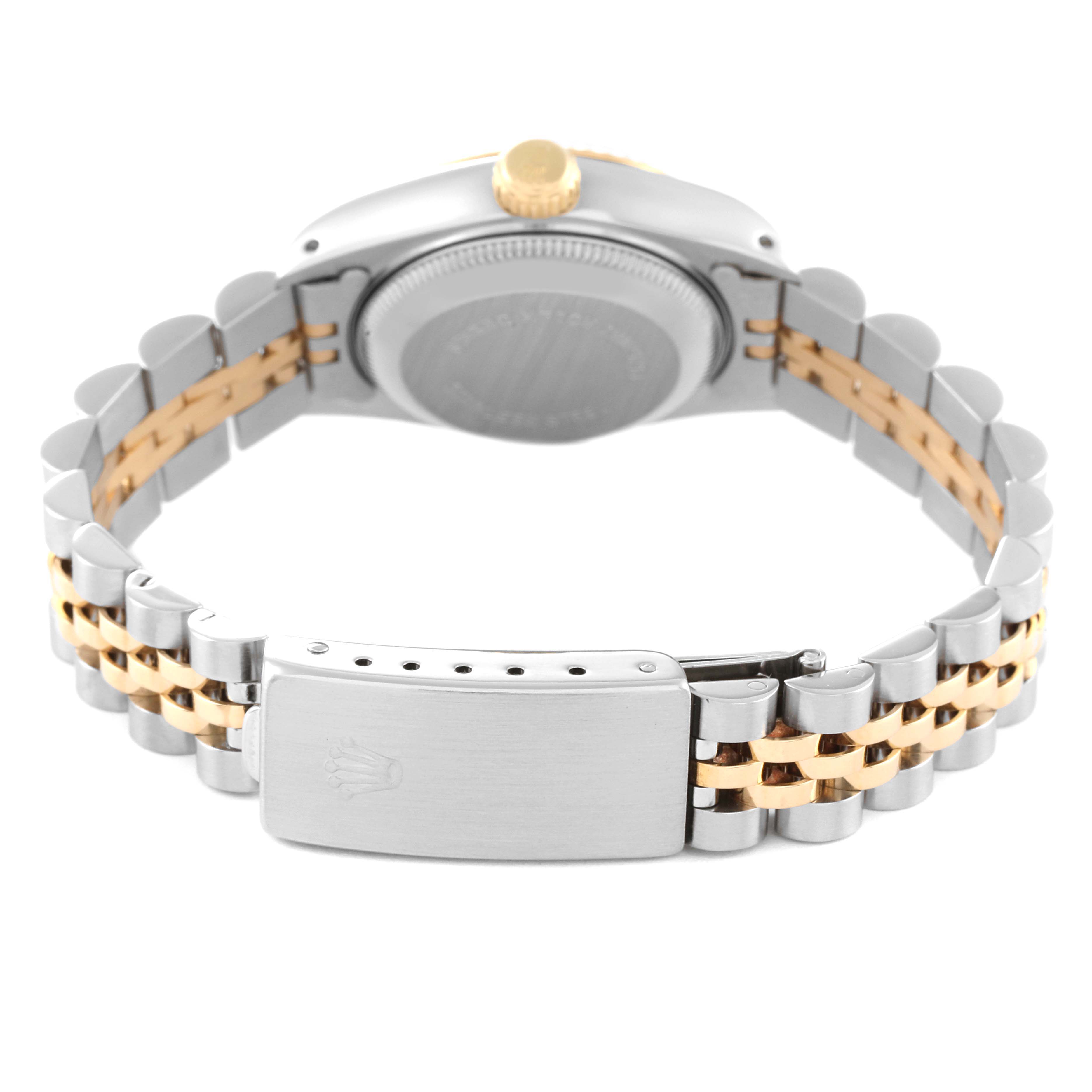 This image shows the back view of a Rolex Datejust 69173 Women's Steel and Gold (two tone) Champagne Dial 69173 Women's Steel and Gold (two tone) Champagne Dial watch, focusing on the clasp and bracelet.