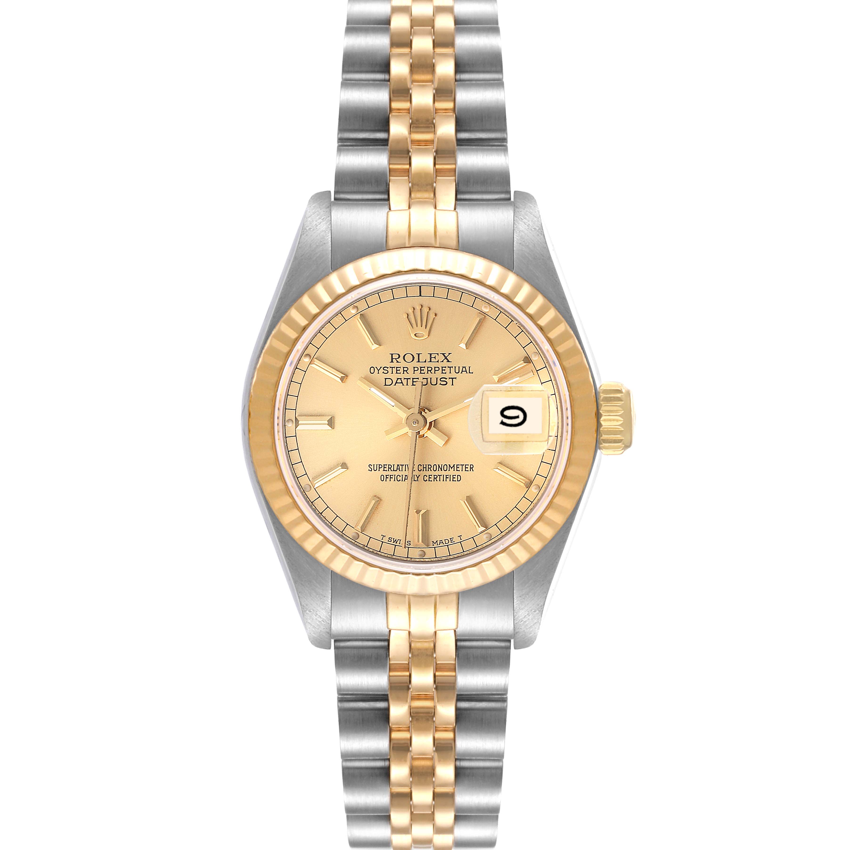 The image shows a front view of a Rolex Datejust 69173 Women's Steel and Gold (two tone) Champagne Dial 69173 Women's Steel and Gold (two tone) Champagne Dial watch, highlighting its dial, bezel, crown, and jubilee bracelet.