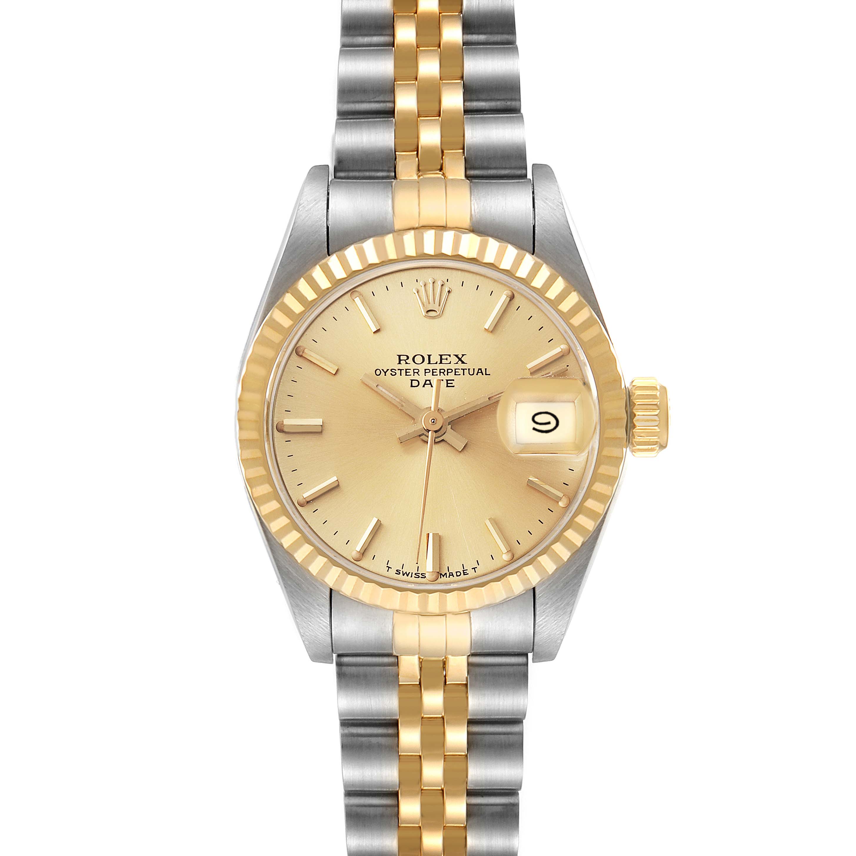 This Rolex Datejust 69173 Women's Steel and Gold (two tone) Champagne Dial 69173 Women's Steel and Gold (two tone) Champagne Dial watch is shown from the front, featuring its gold and silver bracelet, fluted bezel, and date display.