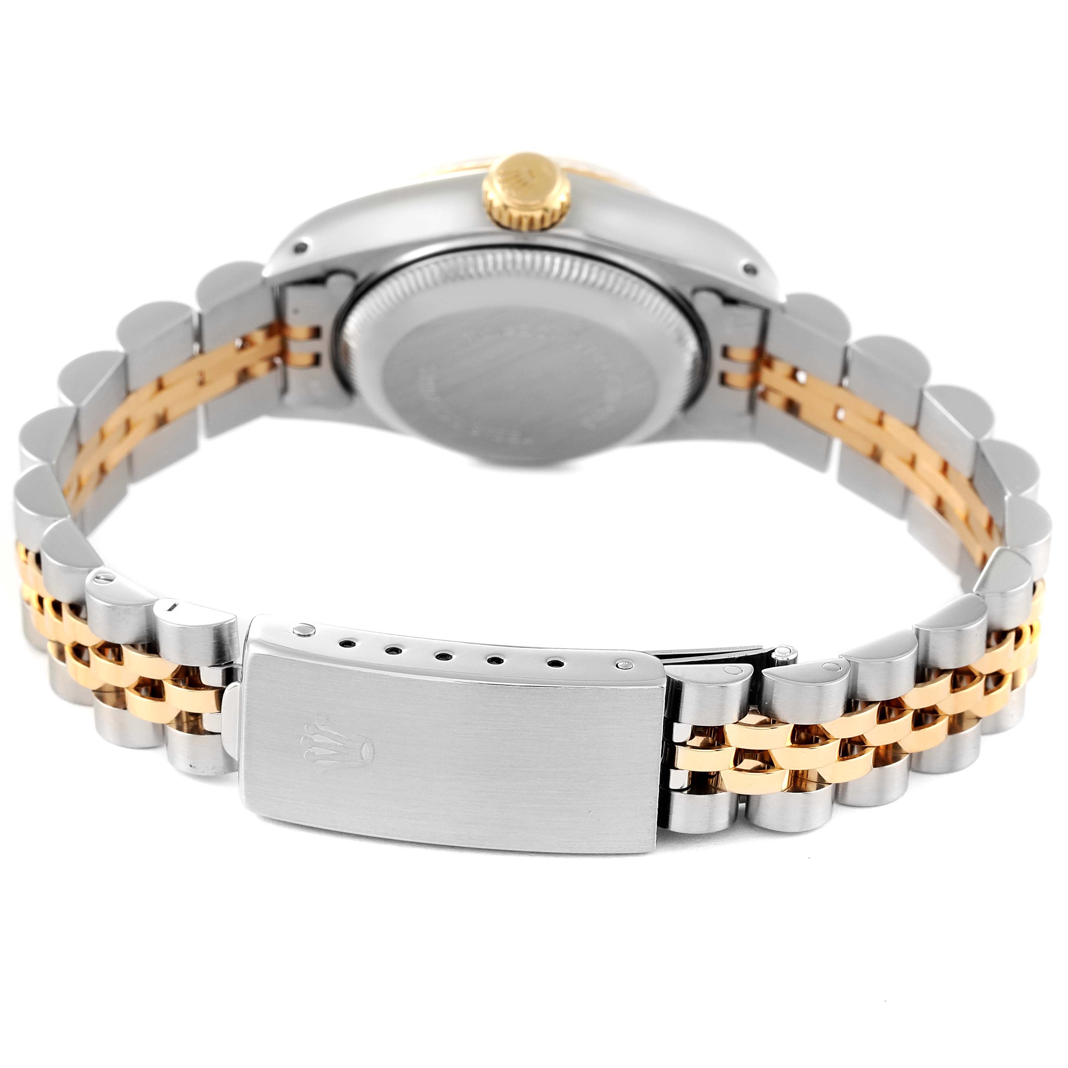 The image shows the back case, crown, and clasp of a Rolex Datejust 69173 Women's Steel and Gold (two tone) Champagne Dial 69173 Women's Steel and Gold (two tone) Champagne Dial watch, displaying its two-tone Jubilee bracelet.