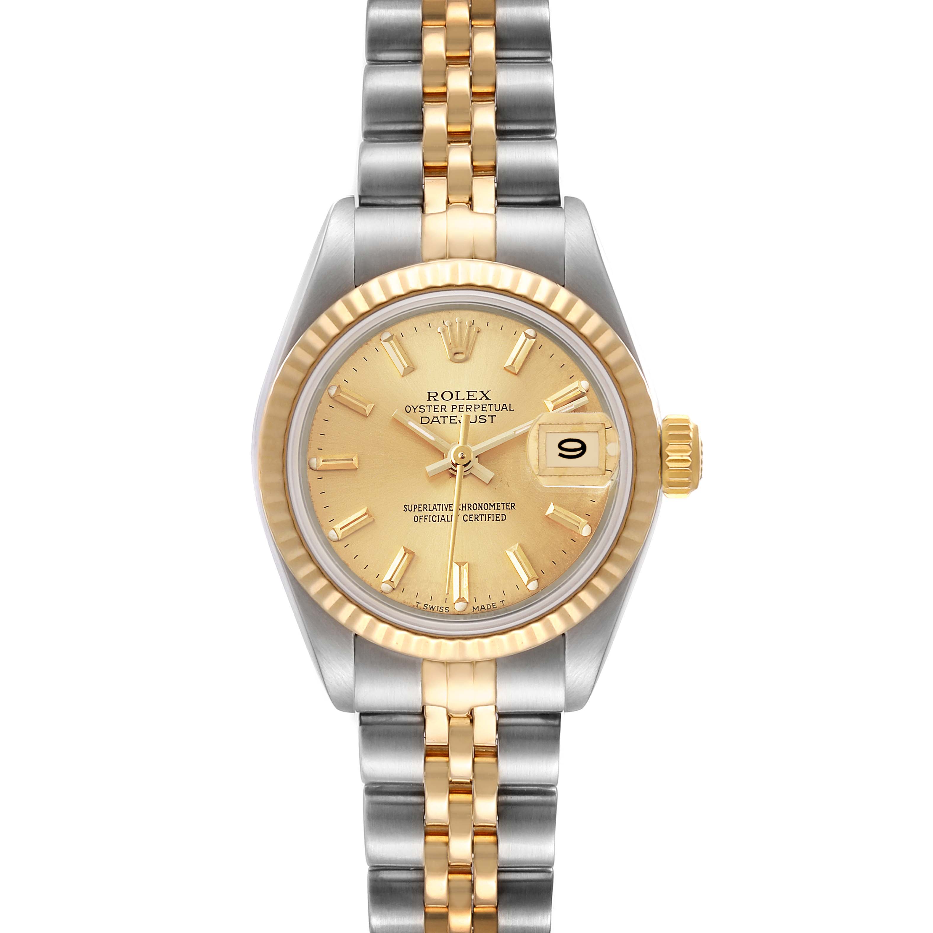 The Rolex Datejust 69173 Women's Steel and Gold (two tone) Champagne Dial 69173 Women's Steel and Gold (two tone) Champagne Dial watch is shown from a front angle, highlighting the dial, bezel, and part of the bracelet.
