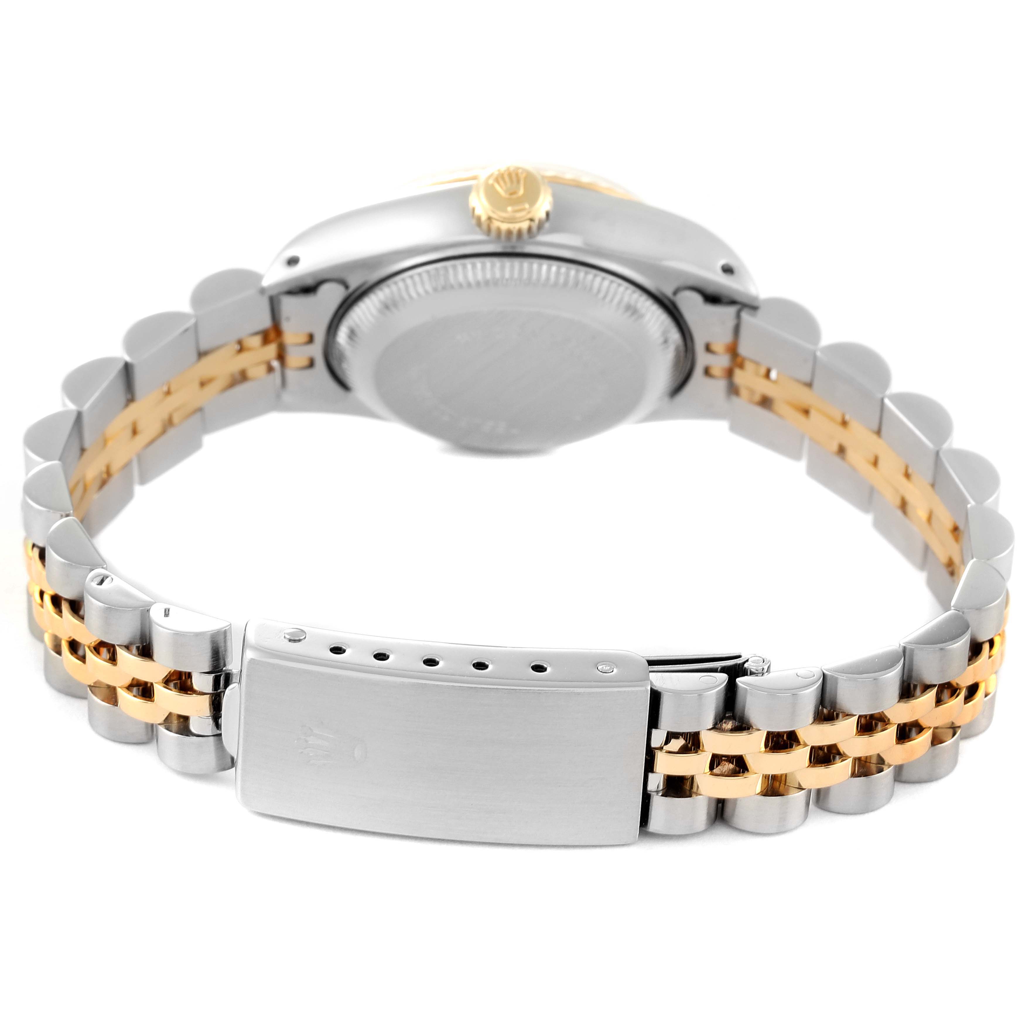 This image shows the clasp, back case, and two-tone bracelet of a Rolex Datejust 69173 Women's Steel and Gold (two tone) Champagne Dial 69173 Women's Steel and Gold (two tone) Champagne Dial watch from a rear angle.