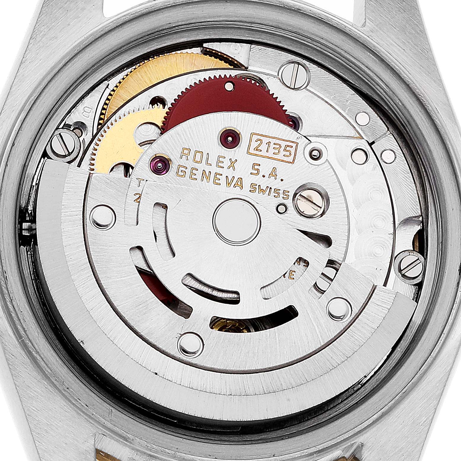 The image shows an inside view of the Rolex Datejust 69173 Women's Steel and Gold (two tone) Champagne Dial 69173 Women's Steel and Gold (two tone) Champagne Dial watch focusing on its intricate movement parts.