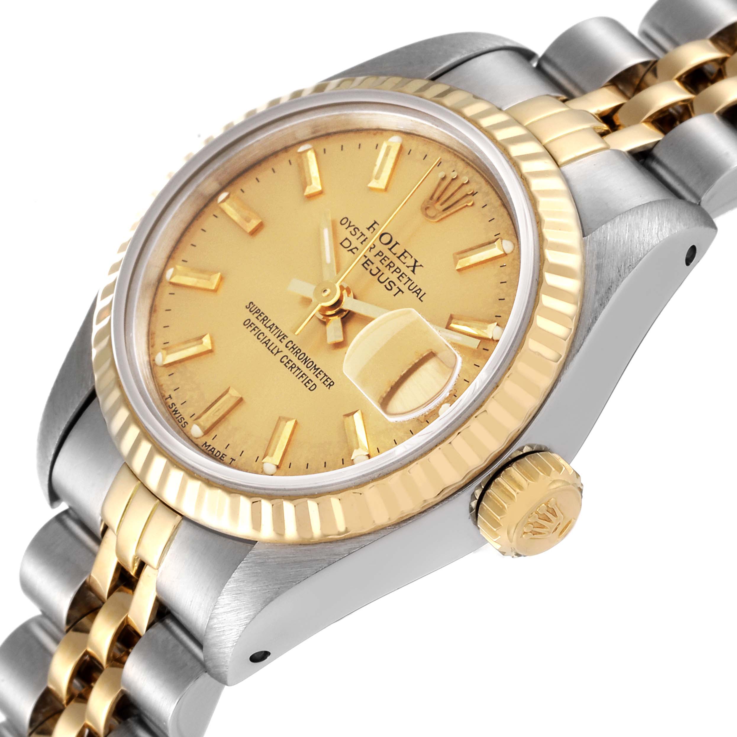 The image shows a Rolex Datejust 69173 Women's Steel and Gold (two tone) Champagne Dial 69173 Women's Steel and Gold (two tone) Champagne Dial watch from an angled view, highlighting the side, dial, crown, and two-tone bracelet.