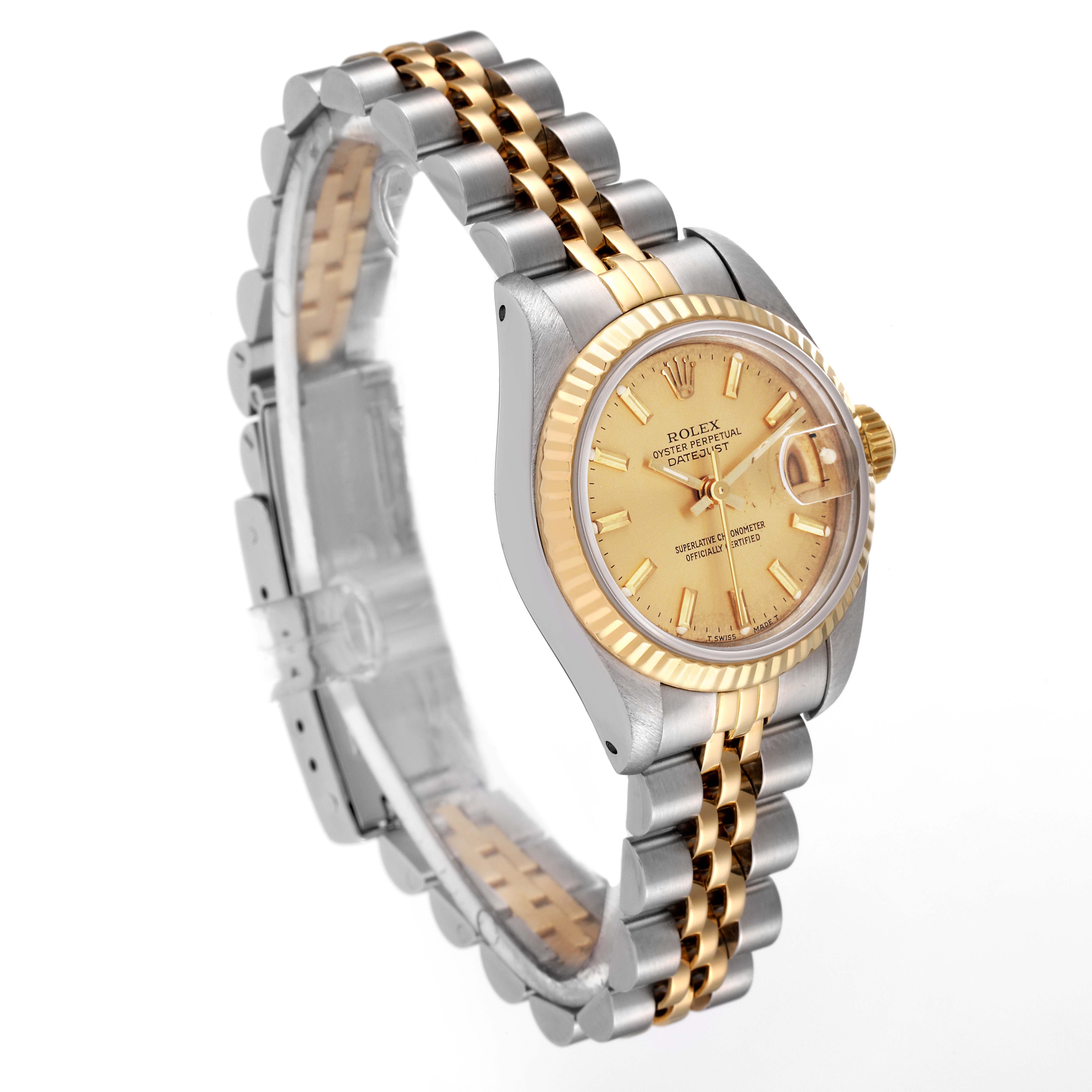 The Rolex Datejust 69173 Women's Steel and Gold (two tone) Champagne Dial 69173 Women's Steel and Gold (two tone) Champagne Dial watch is shown at an angle highlighting its gold dial, fluted bezel, and two-tone Jubilee bracelet.