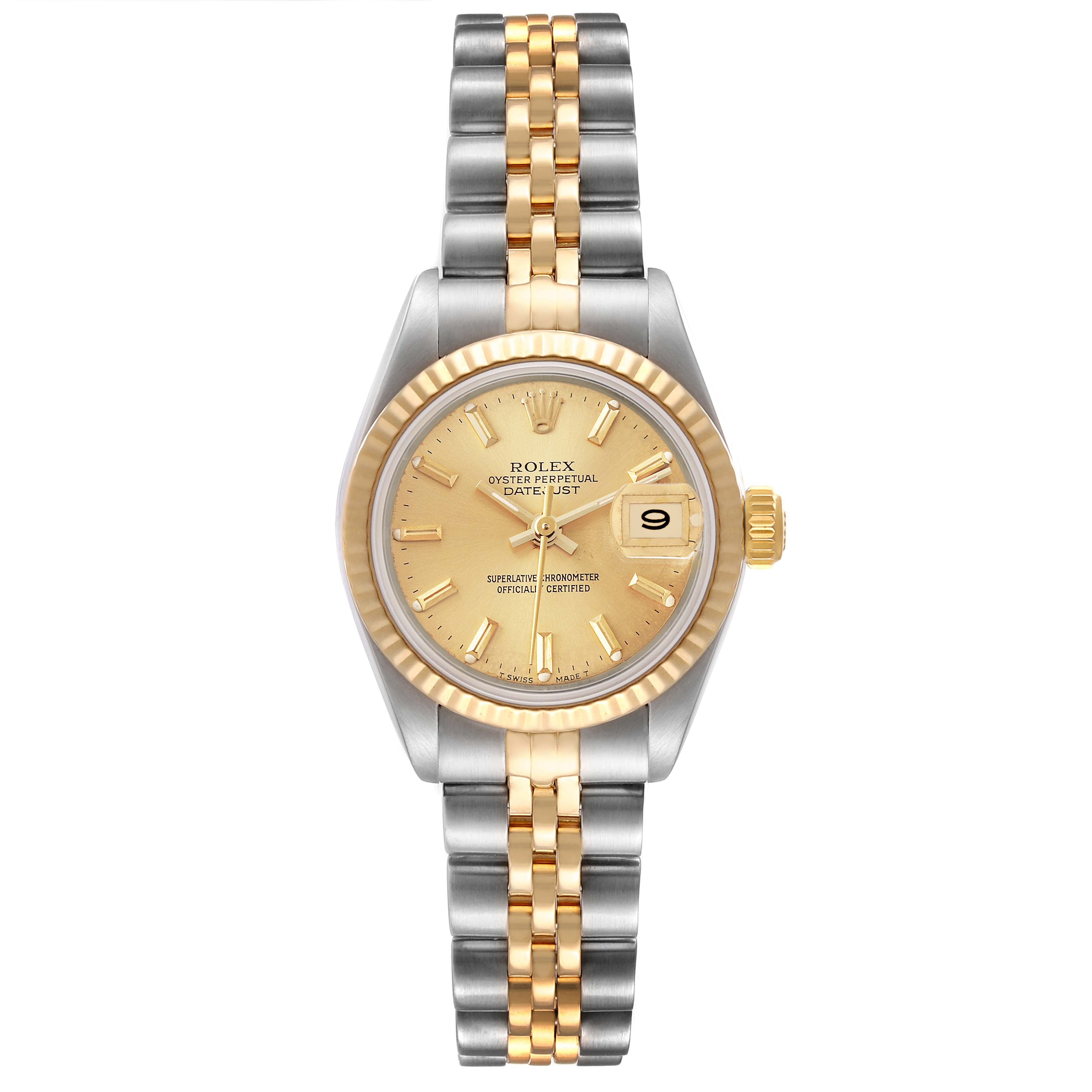 The image shows a front view of a Rolex Datejust 69173 Women's Steel and Gold (two tone) Champagne Dial 69173 Women's Steel and Gold (two tone) Champagne Dial watch, highlighting the gold and silver bracelet, gold dial, and fluted bezel.