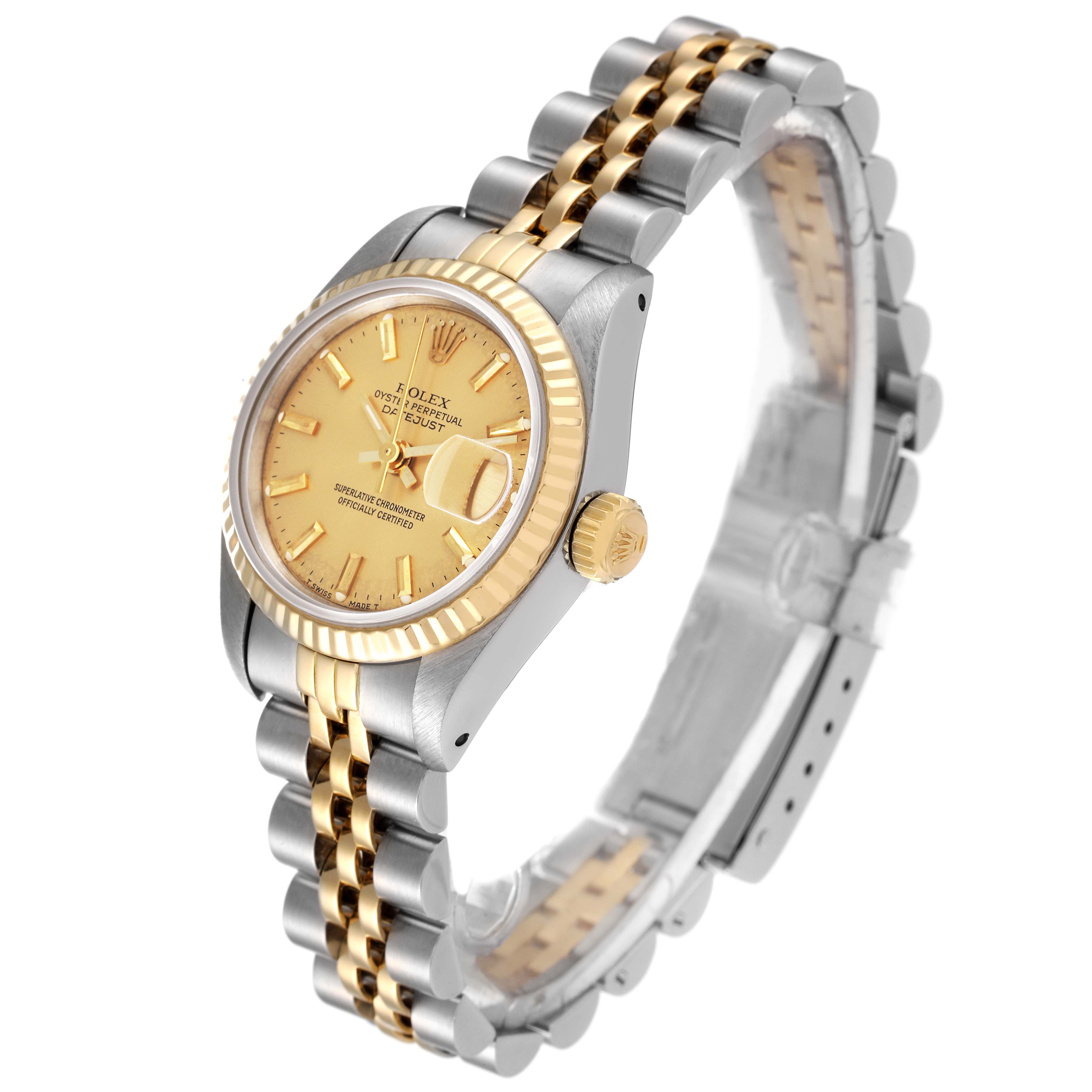 The image shows a side angle of a Rolex Datejust 69173 Women's Steel and Gold (two tone) Champagne Dial 69173 Women's Steel and Gold (two tone) Champagne Dial, displaying the dial, bezel, crown, and two-tone bracelet.