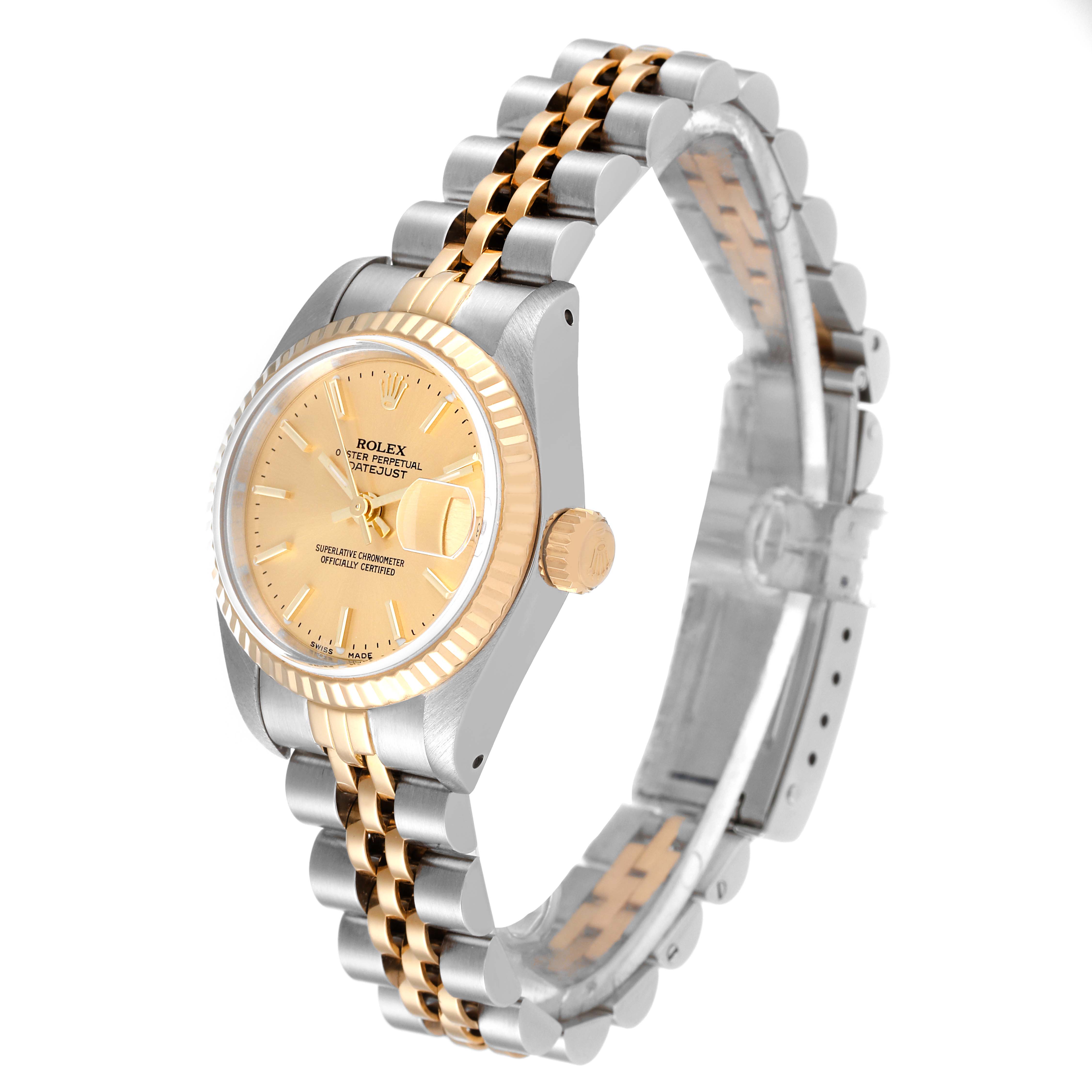 This Rolex Datejust 69173 Women's Steel and Gold (two tone) Champagne Dial 69173 Women's Steel and Gold (two tone) Champagne Dial watch is shown at a side angle, displaying the dial, case, crown, and part of the bracelet.