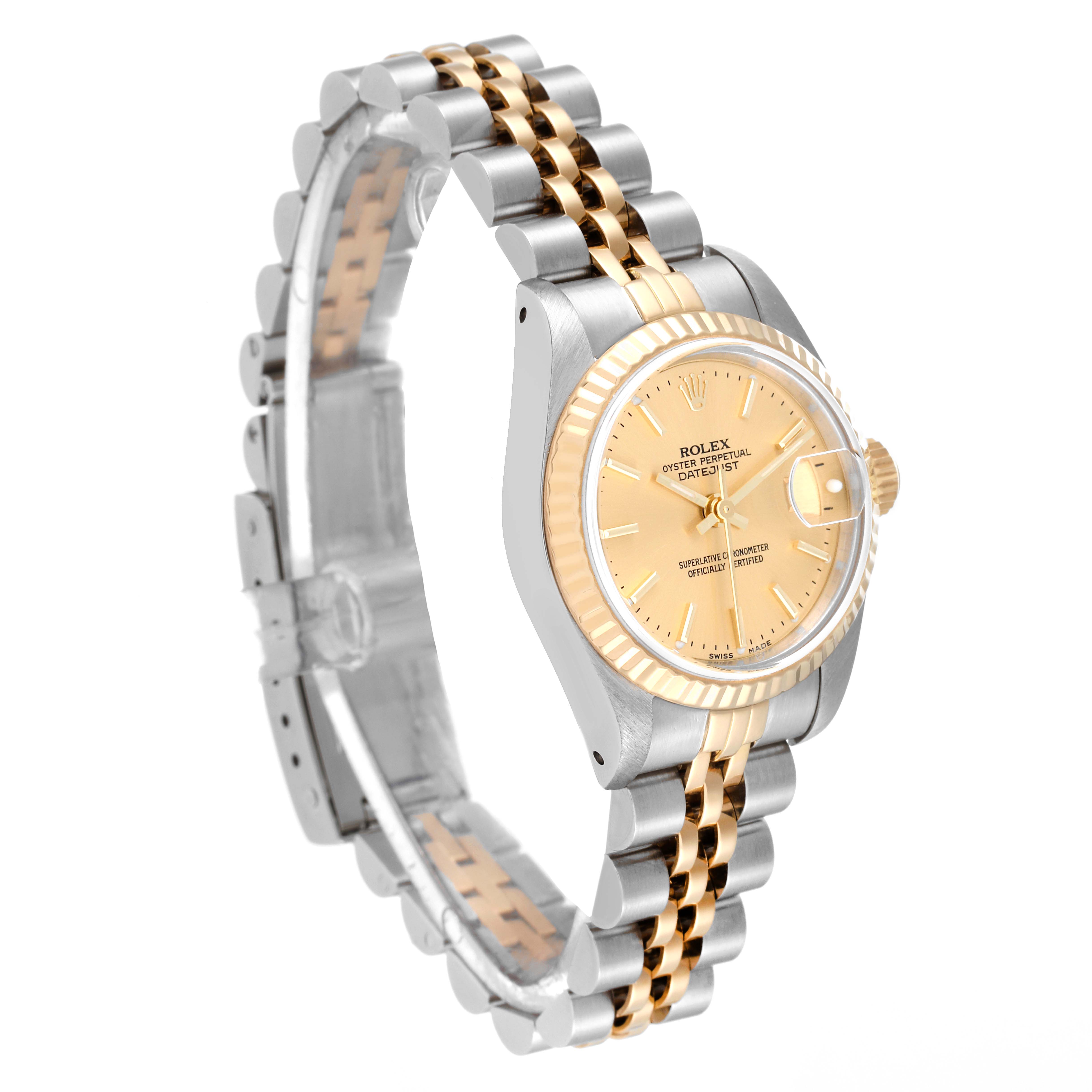 This image shows a side-angle view of a Rolex Datejust 69173 Women's Steel and Gold (two tone) Champagne Dial 69173 Women's Steel and Gold (two tone) Champagne Dial watch, highlighting its gold dial, fluted bezel, and two-tone bracelet.