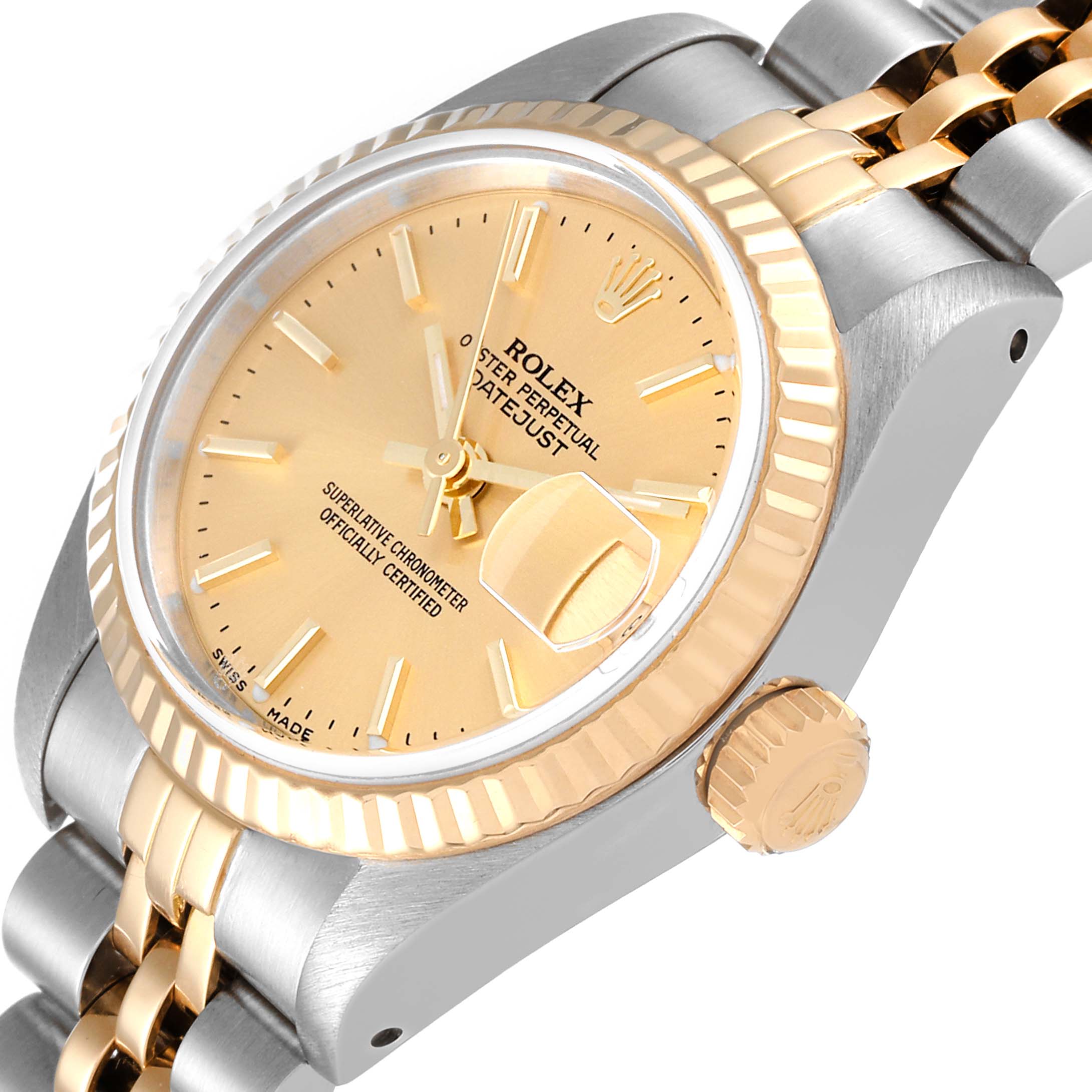 The image shows a close-up, angled view of a Rolex Datejust 69173 Women's Steel and Gold (two tone) Champagne Dial 69173 Women's Steel and Gold (two tone) Champagne Dial watch, highlighting the dial, crown, and part of the band.
