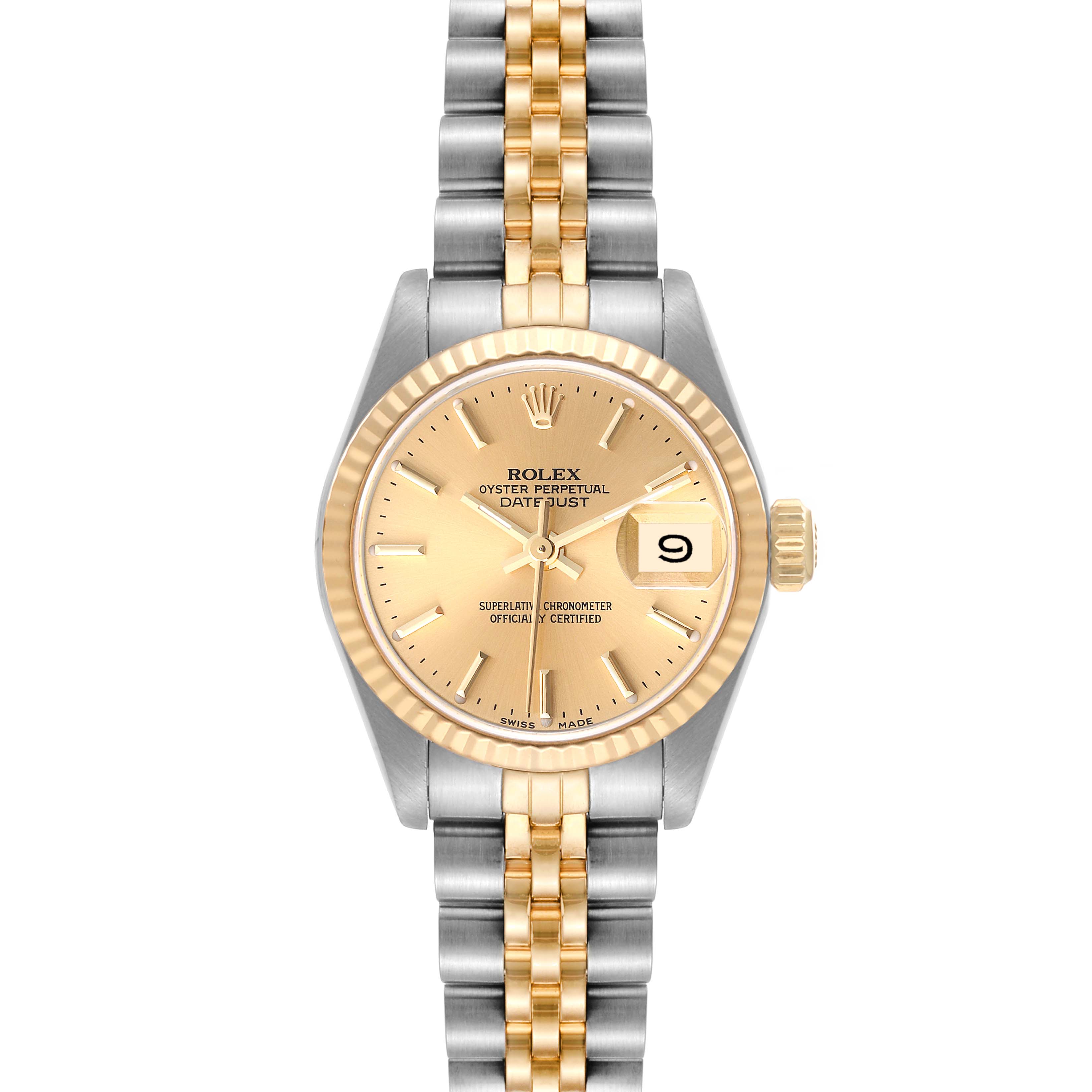 The Rolex Datejust 69173 Women's Steel and Gold (two tone) Champagne Dial 69173 Women's Steel and Gold (two tone) Champagne Dial watch is shown in a front view, highlighting its two-tone bracelet, champagne dial, and date display.
