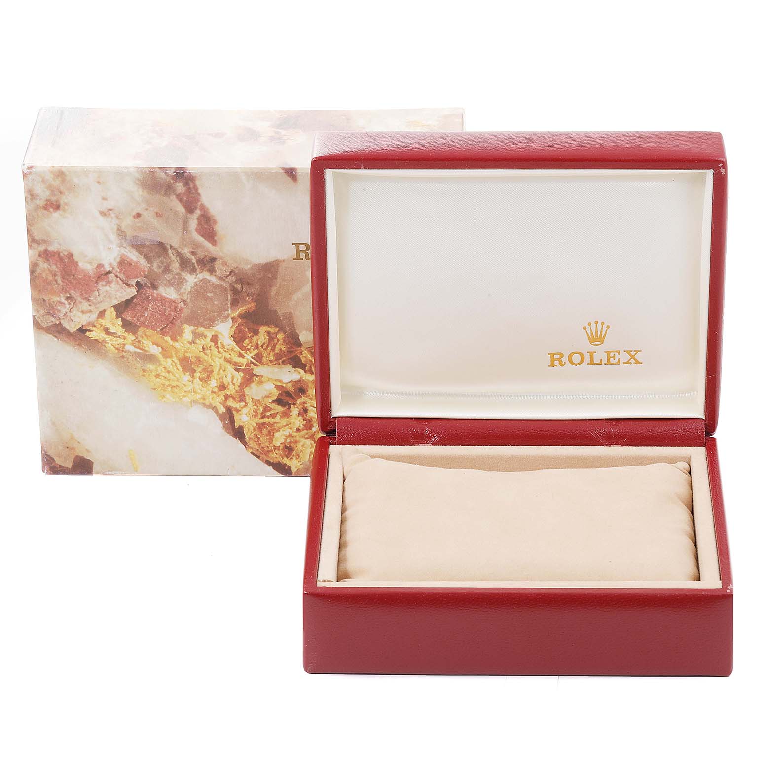 The image shows a Rolex Datejust 69173 Women's Steel and Gold (two tone) Champagne Dial 69173 Women's Steel and Gold (two tone) Champagne Dial model watch box and its outer packaging from a front angle.