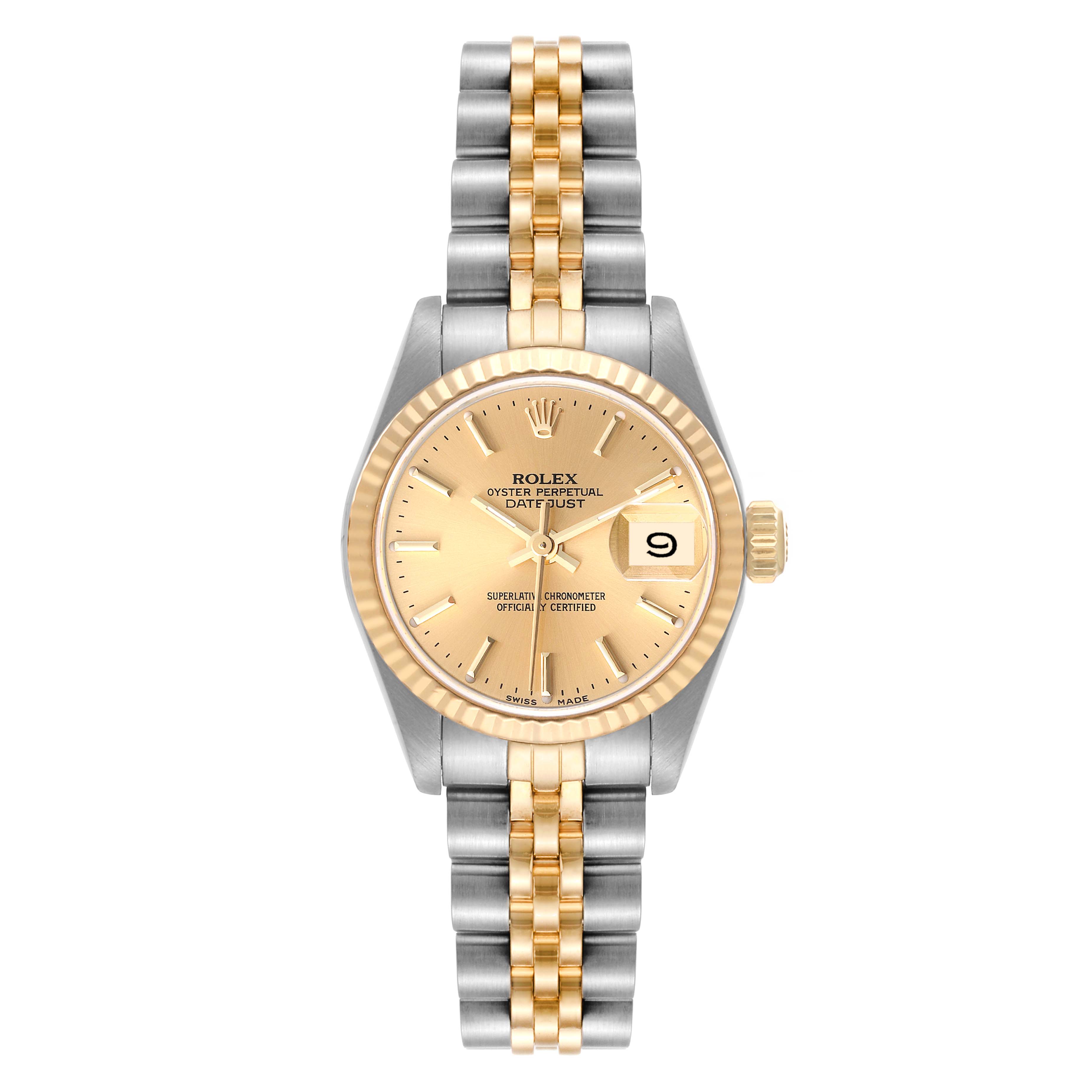 This is a frontal view of a Rolex Datejust 69173 Women's Steel and Gold (two tone) Champagne Dial 69173 Women's Steel and Gold (two tone) Champagne Dial watch, showing the gold and silver bracelet, bezel, dial, and date feature.