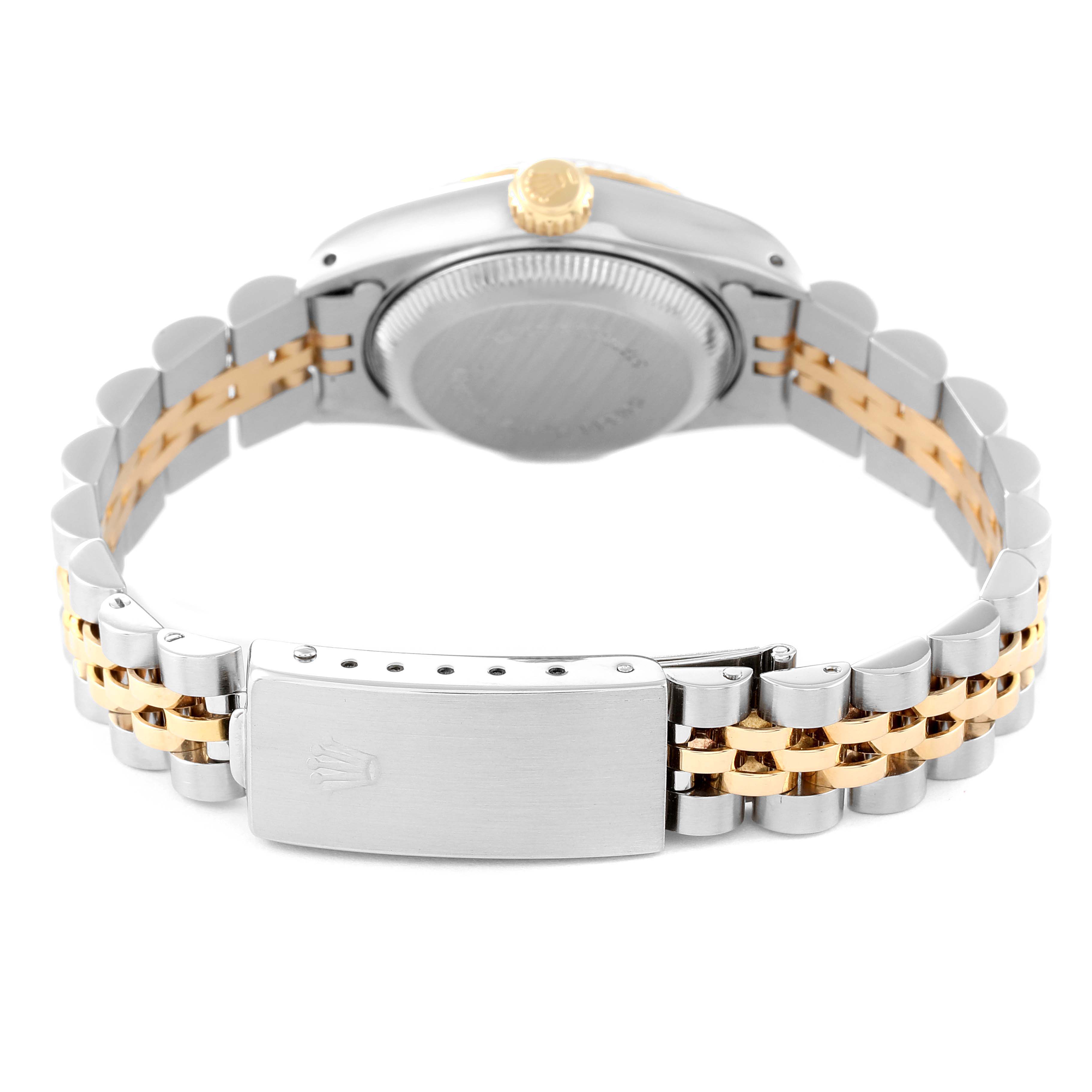 The image shows the back and bracelet of a Rolex Datejust 69173 Women's Steel and Gold (two tone) Champagne Dial 69173 Women's Steel and Gold (two tone) Champagne Dial watch, highlighting the clasp and case back.