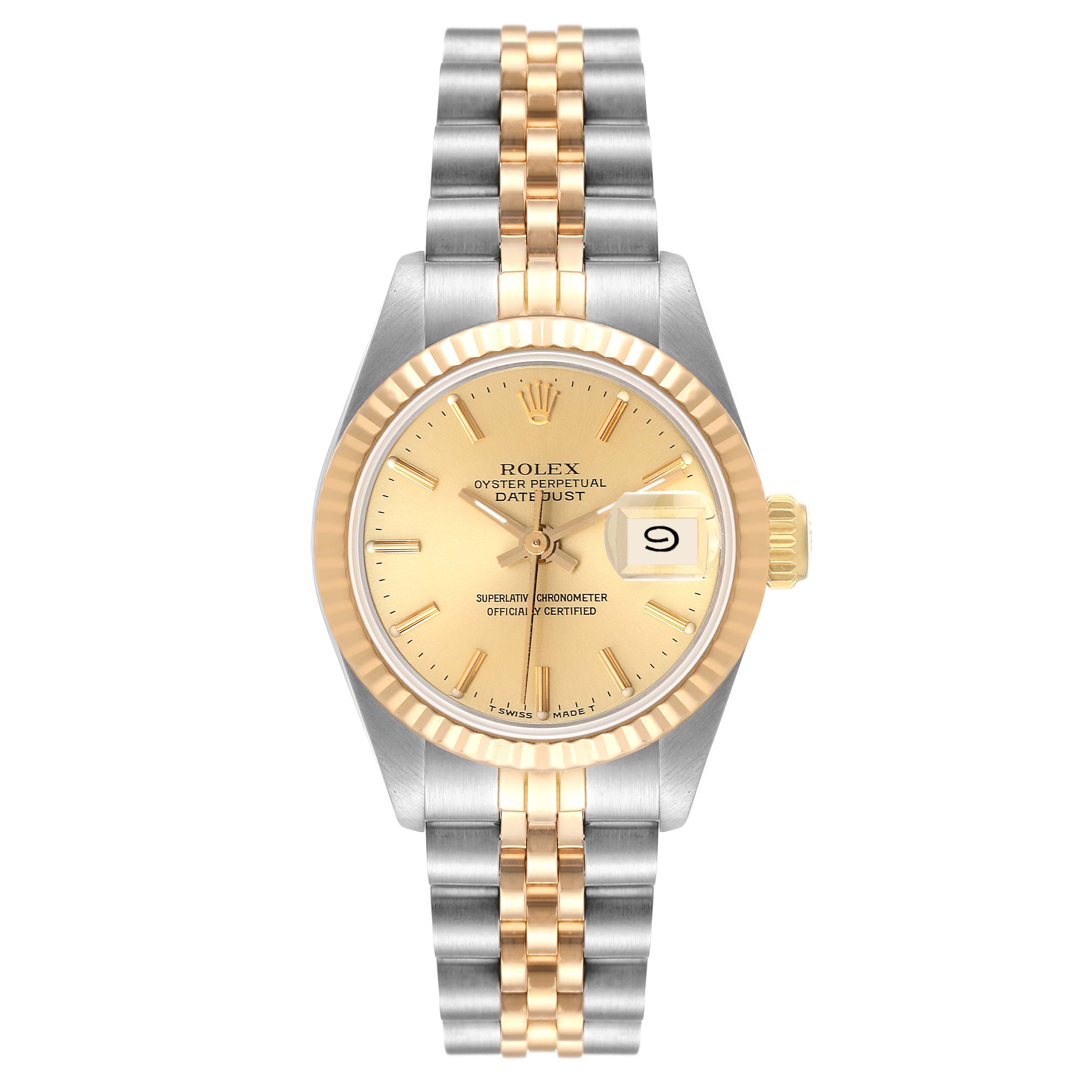 The image shows a frontal view of the Rolex Datejust 69173 Women's Steel and Gold (two tone) Champagne Dial 69173 Women's Steel and Gold (two tone) Champagne Dial watch, highlighting its dial, bezel, bracelet, and the date window.