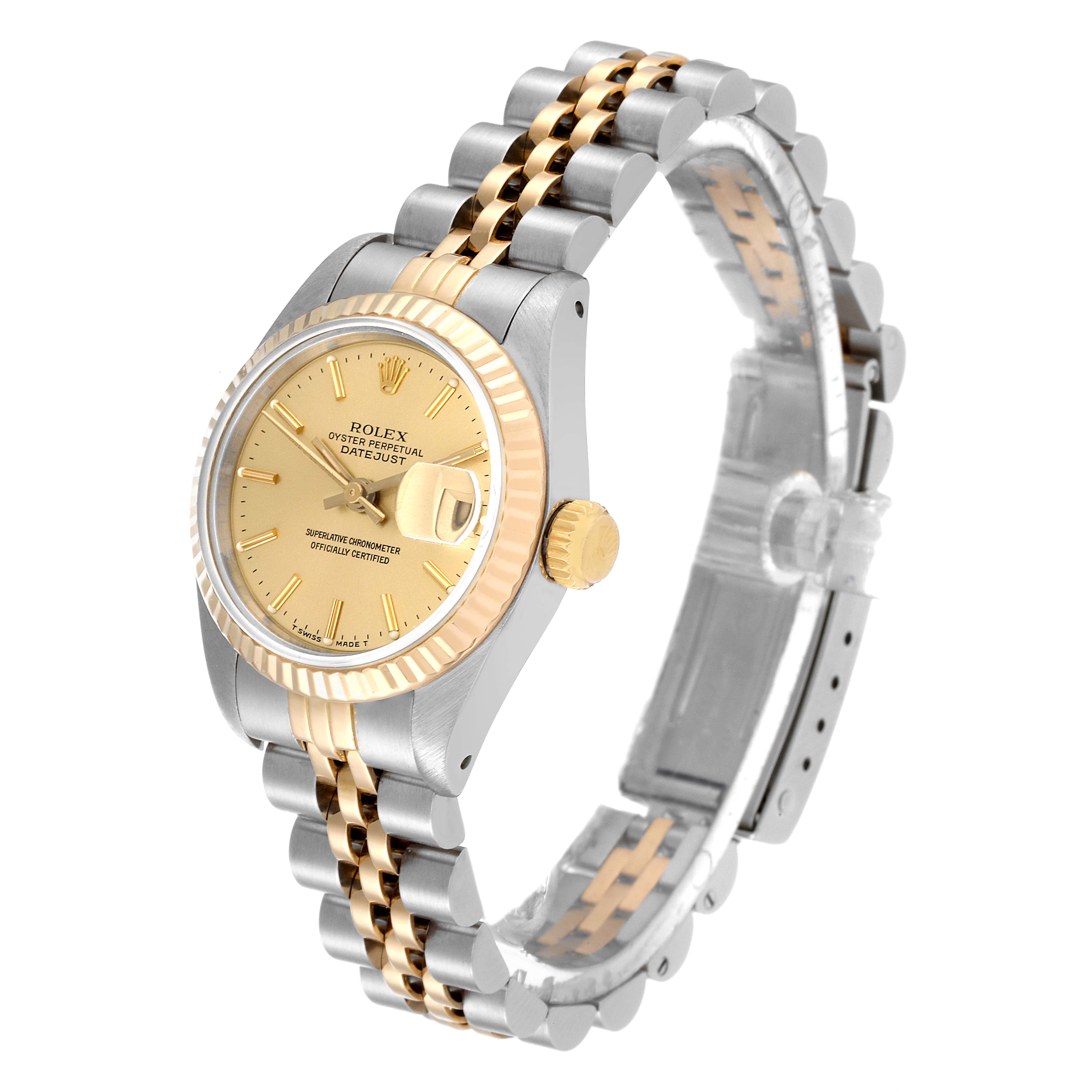 The image shows a side angle view of a Rolex Datejust 69173 Women's Steel and Gold (two tone) Champagne Dial 69173 Women's Steel and Gold (two tone) Champagne Dial watch, highlighting its dial, case, crown, and two-tone bracelet.