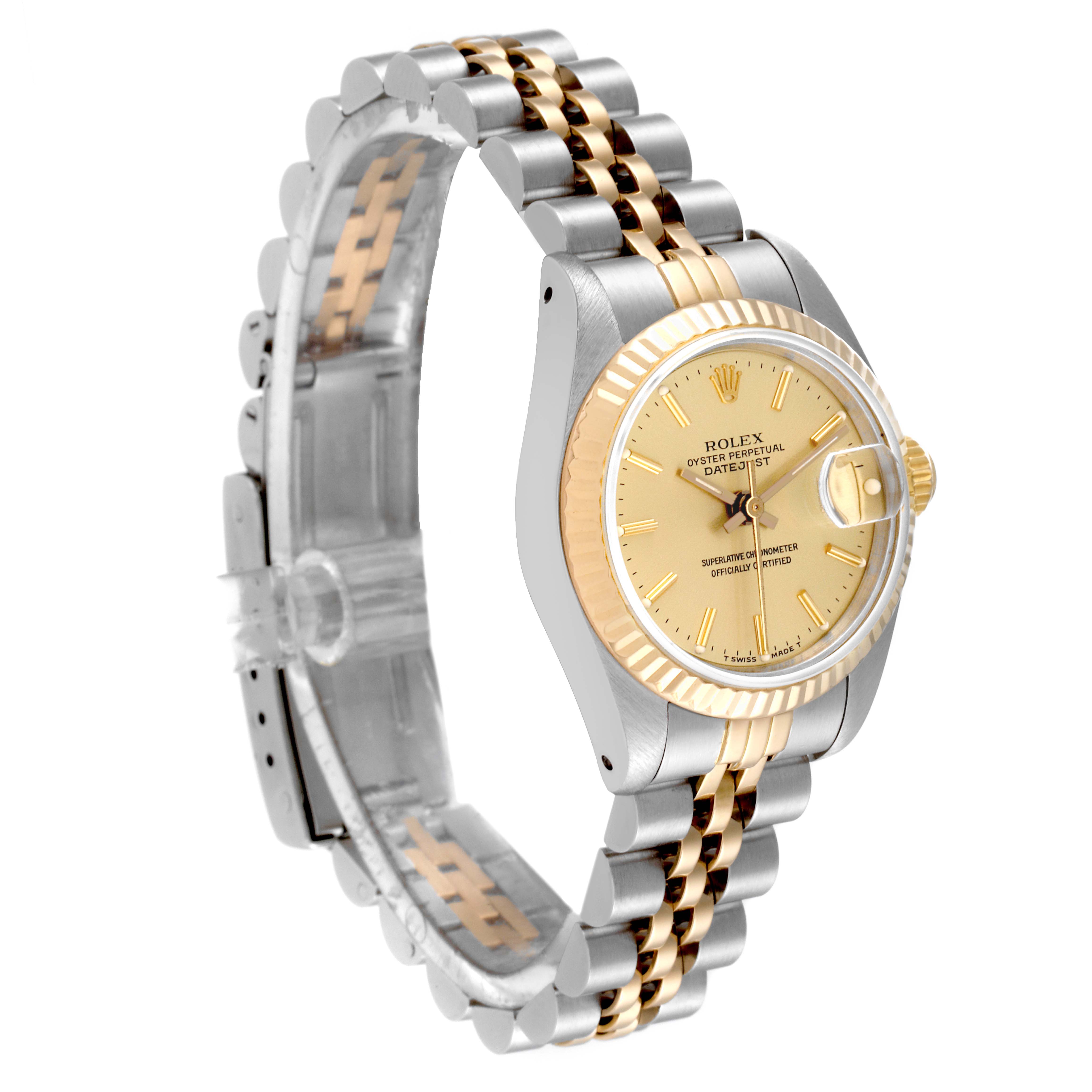 The image shows a Rolex Datejust 69173 Women's Steel and Gold (two tone) Champagne Dial 69173 Women's Steel and Gold (two tone) Champagne Dial watch at a 3/4 angle, highlighting its dial, bezel, and two-tone Jubilee bracelet.