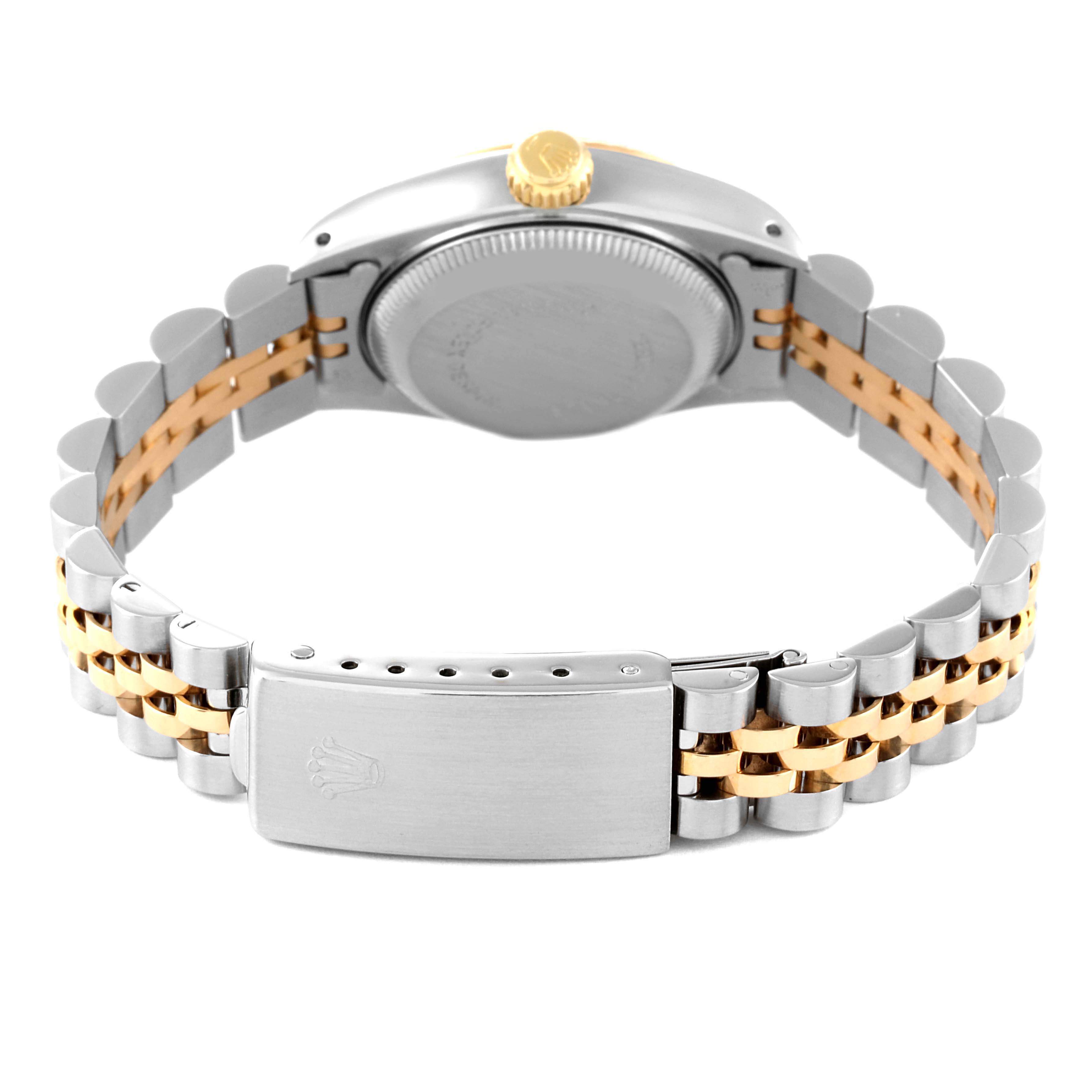 This image shows the back and bracelet of a Rolex Datejust 69173 Women's Steel and Gold (two tone) Champagne Dial 69173 Women's Steel and Gold (two tone) Champagne Dial, highlighting the clasp and two-tone metal links.