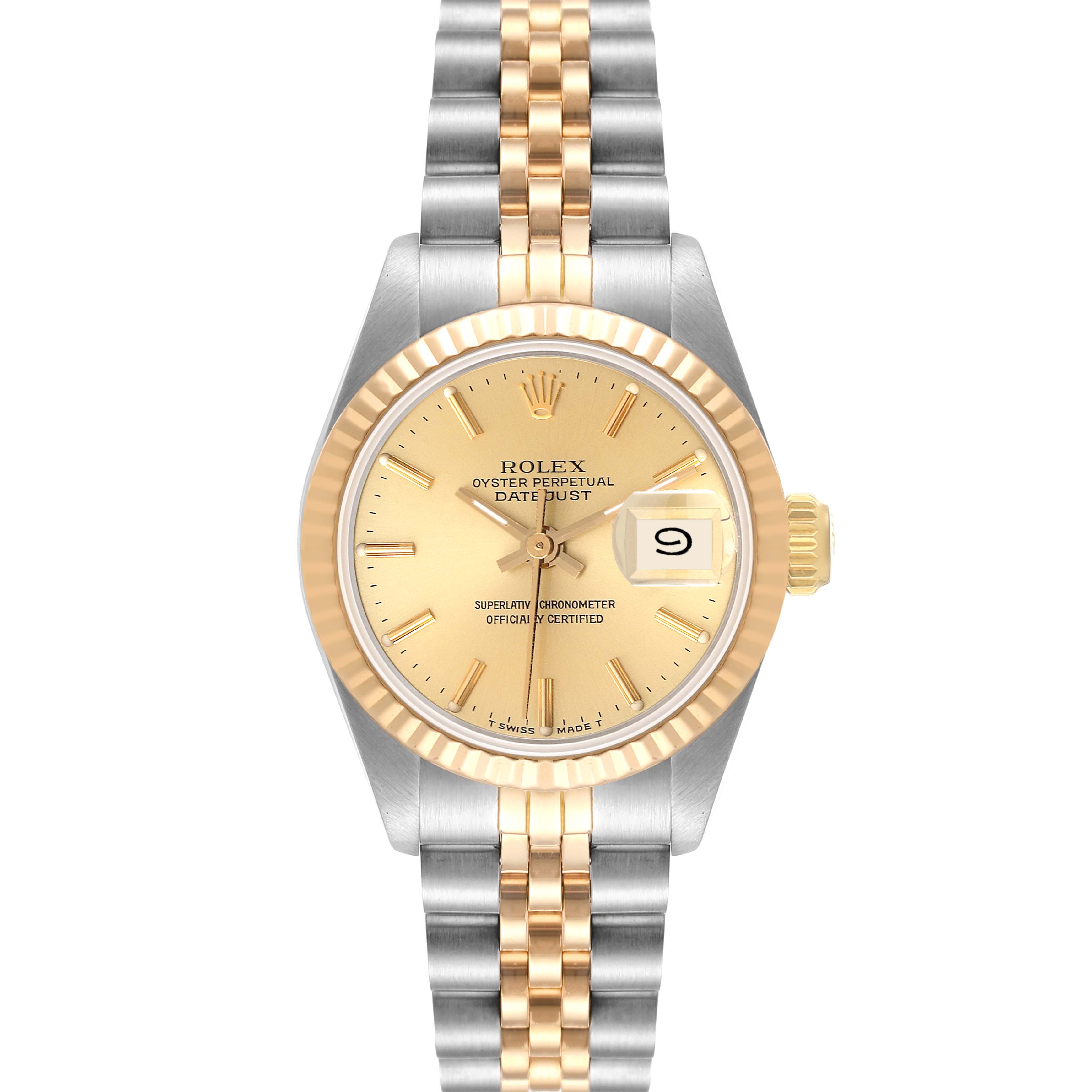 This image shows a front view of a Rolex Datejust 69173 Women's Steel and Gold (two tone) Champagne Dial 69173 Women's Steel and Gold (two tone) Champagne Dial watch featuring a gold dial, fluted bezel, and two-tone Jubilee bracelet.