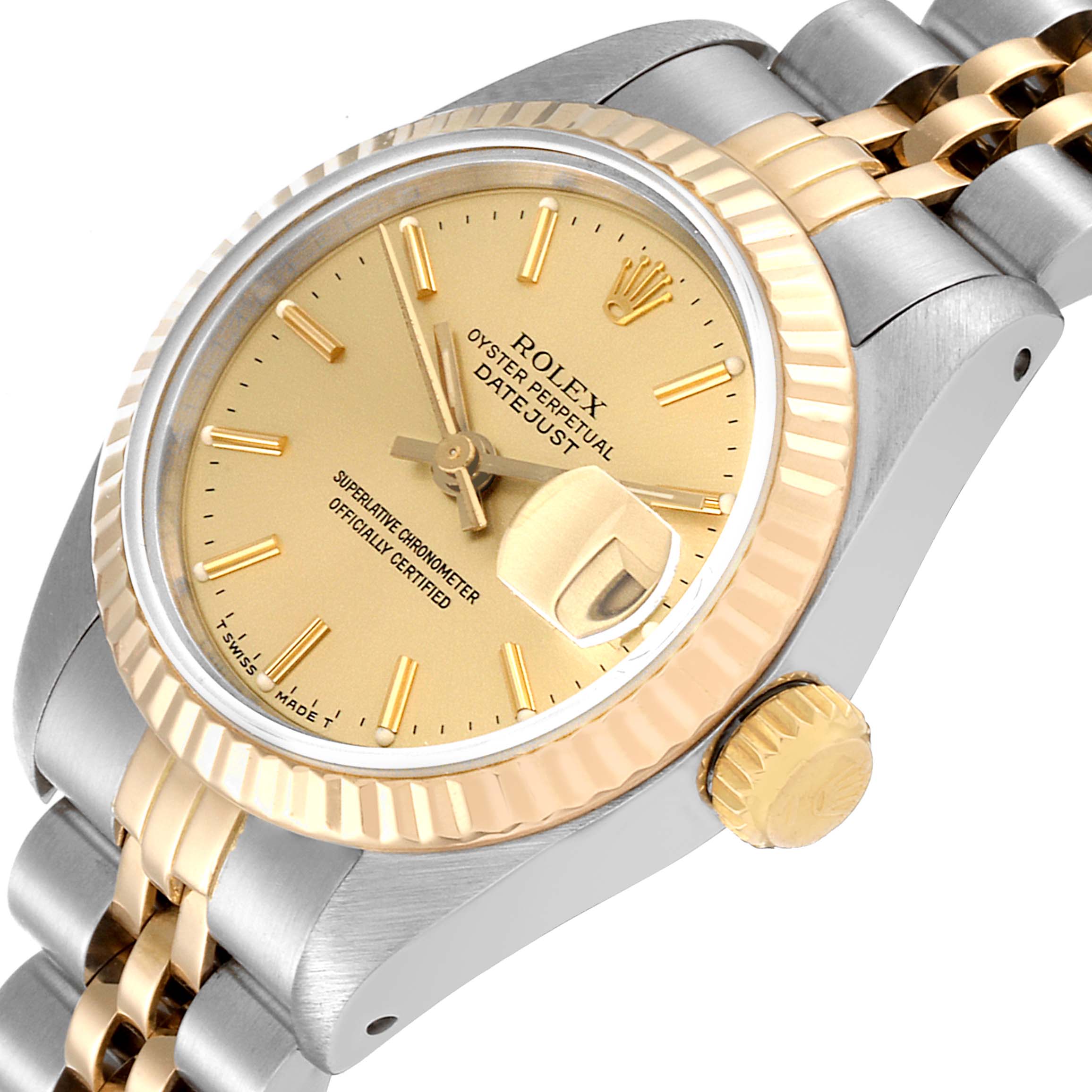 The image shows a close-up side angle of a Rolex Datejust 69173 Women's Steel and Gold (two tone) Champagne Dial 69173 Women's Steel and Gold (two tone) Champagne Dial watch, highlighting the face, crown, and part of the bracelet.