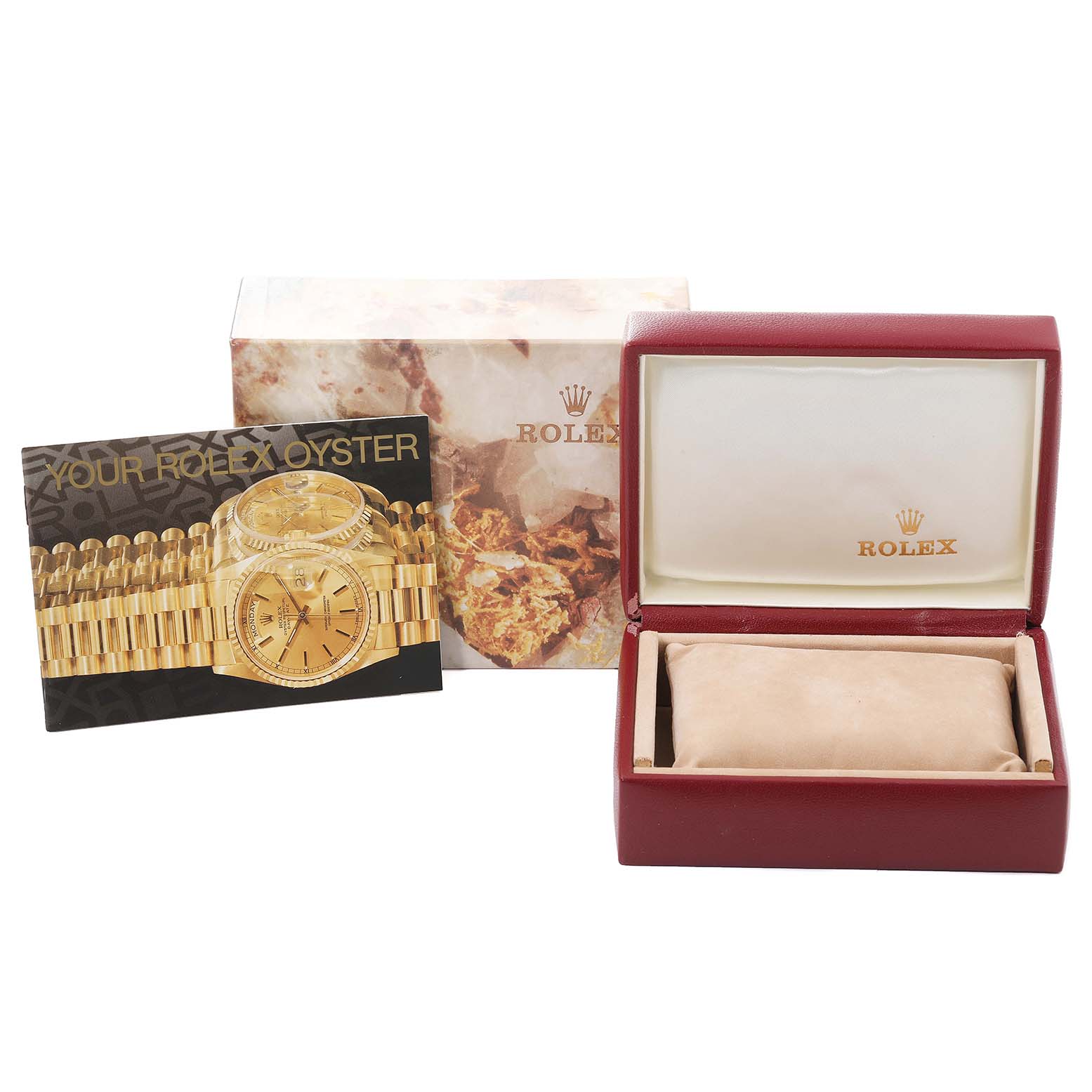 The image shows the box, booklet, and case for a Rolex Datejust 69173 Women's Steel and Gold (two tone) Champagne Dial 69173 Women's Steel and Gold (two tone) Champagne Dial watch.