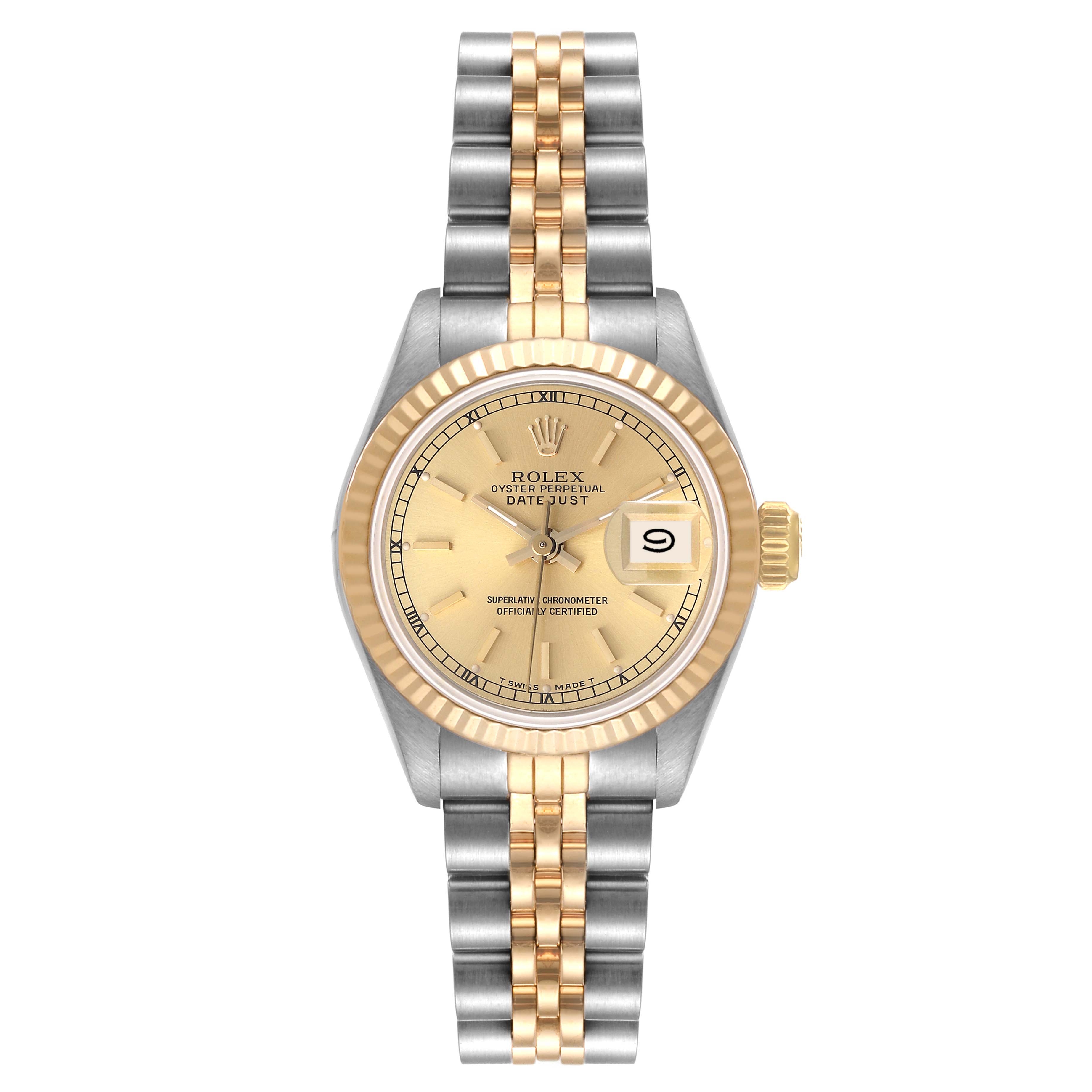 The image shows a front view of a Rolex Datejust 69173 Women's Steel and Gold (two tone) Champagne Dial 69173 Women's Steel and Gold (two tone) Champagne Dial watch, displaying its face, bezel, crown, and two-tone bracelet.